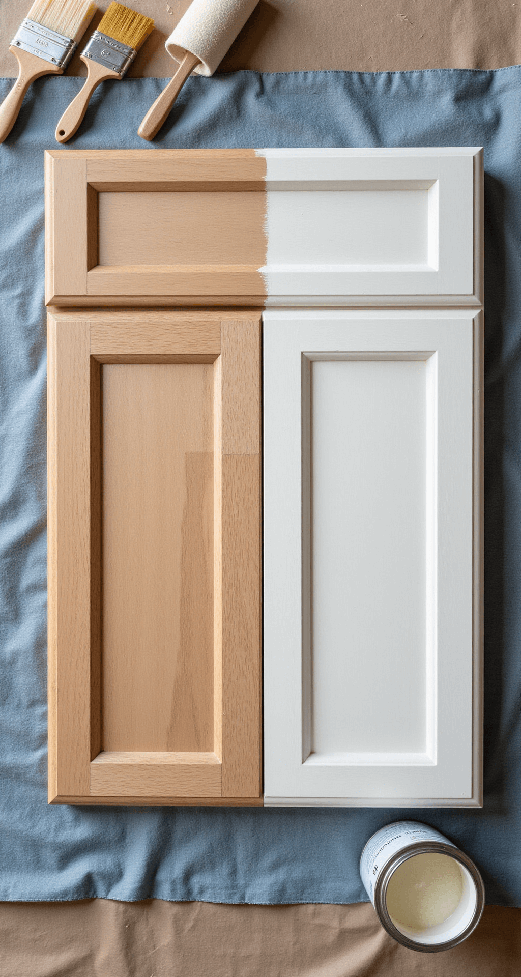 Close-up of a cabinet door on a padded workstation, showcasing the finishing process with the left side in sanded wood and the right side with a smooth primer coat, surrounded by professional painting supplies.