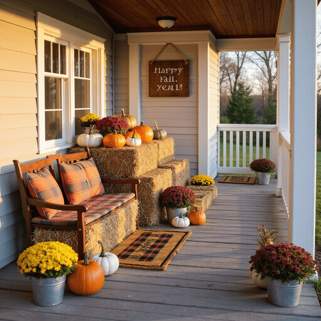 A cozy country porch at golden hour, featuring weathered wood, a rustic bench with plaid cushions, stacked hay bales and assorted pumpkins, a hand-painted sign reading 'Happy Fall, Y'all!', layered doormats, and colorful mums in galvanized buckets.