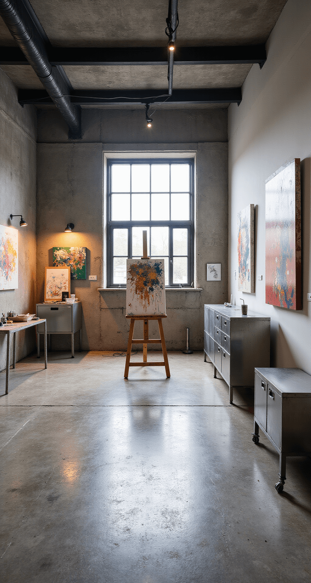 A modern artist's studio featuring a polished concrete floor, metal-framed windows, and a double-height ceiling with exposed beams. In the center, a paint-splattered easel is positioned before a north-facing window, surrounded by a gallery wall of abstract canvases and brushed steel industrial storage units, all illuminated by natural light and directional LED spots. The color scheme includes concrete grey, crisp white, and black steel, accented by vibrant artistic colors.