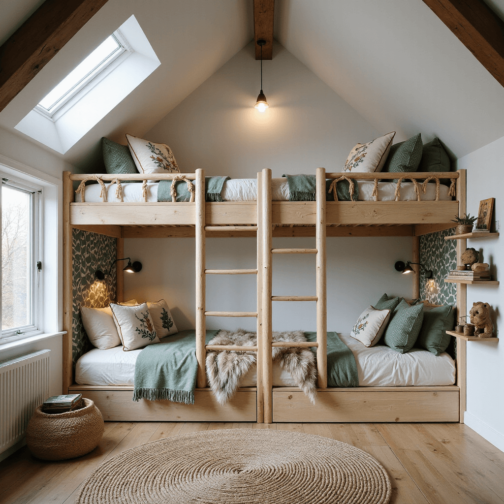 A whimsical woodland-themed room with built-in twin bunks, leaf-pattern wallpaper, and vaulted ceilings. Morning light pours through dormer windows, highlighting forest green and cream bedding with faux fur throws and embroidered pillows. The room features a round braided wool rug, floating shelves with vintage books and wooden animals, and natural wood accents.