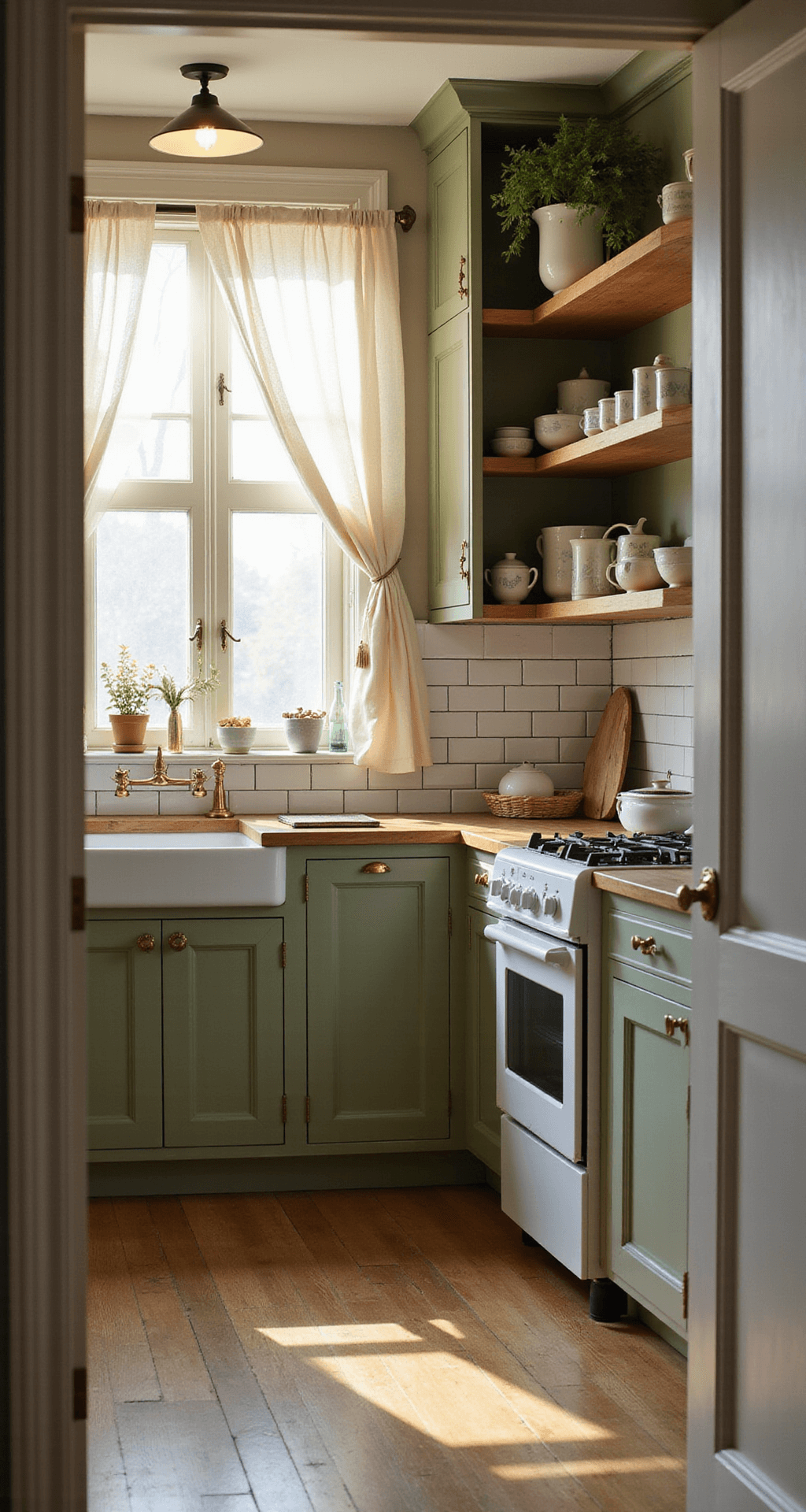 A wide-angle view of a farmhouse-style kitchen featuring sage green Shaker cabinets with brass hardware, vintage ceramics on open shelves, and a warm golden hour glow illuminating the subway tile backsplash, captured from the doorway entrance.