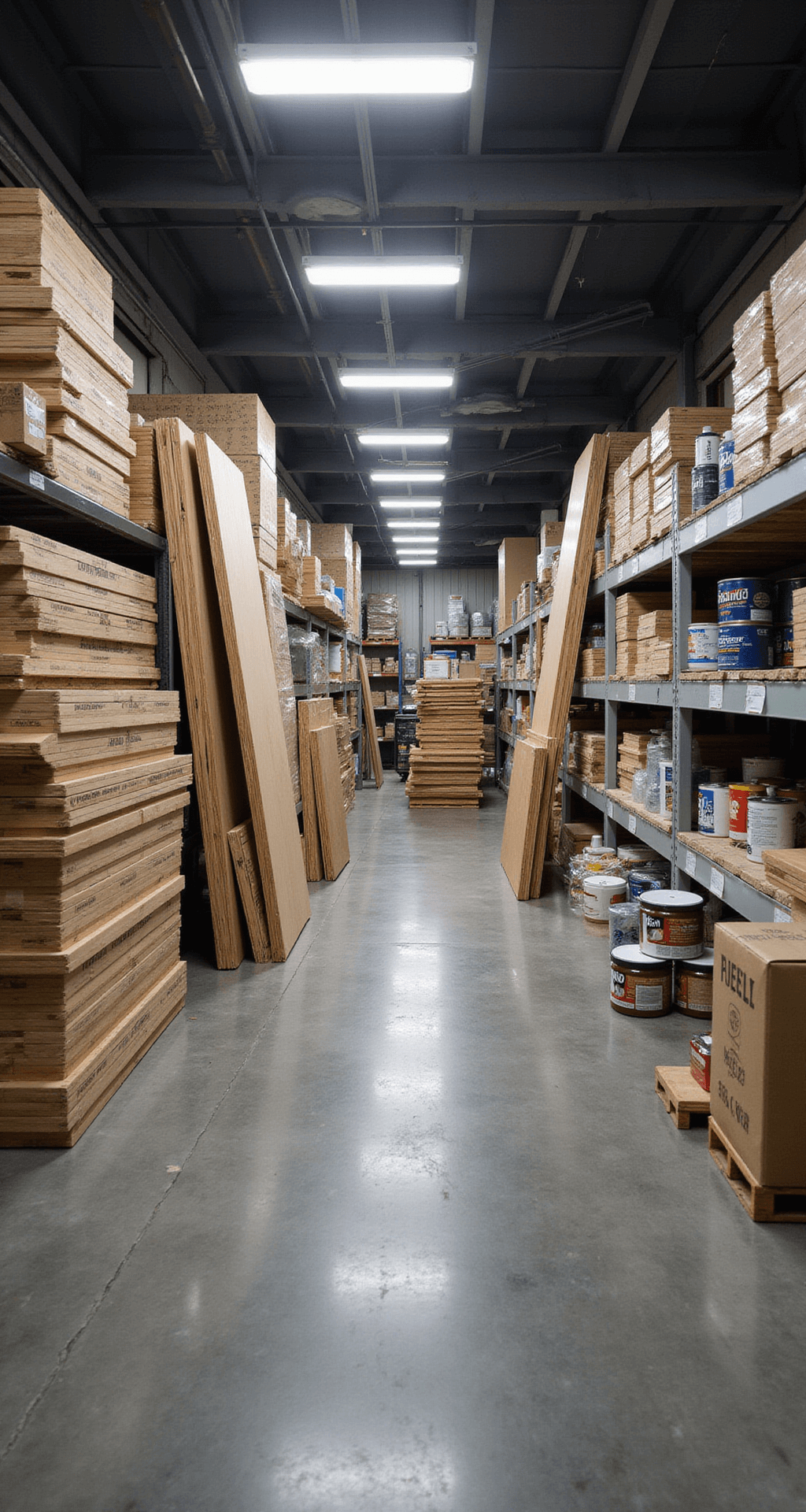 Aerial view of a warehouse filled with budget-conscious materials, including stacks of plywood, hardware collections, and painting supplies, all arranged in cost comparison vignettes under bright industrial fluorescent lighting, with clear price tags visible.