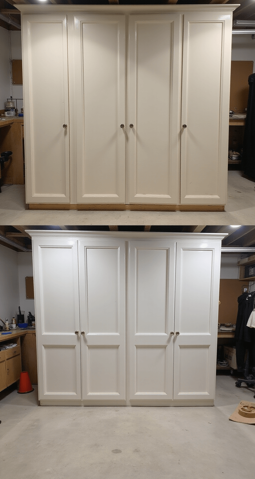 A split-screen image of a home workshop, with the left side displaying common DIY cabinet mistakes like misaligned doors and uneven paint, and the right side showcasing professional-quality cabinetry. Strong directional lighting emphasizes the contrast, captured straight-on at f/8 for sharp detail against a neutral background.