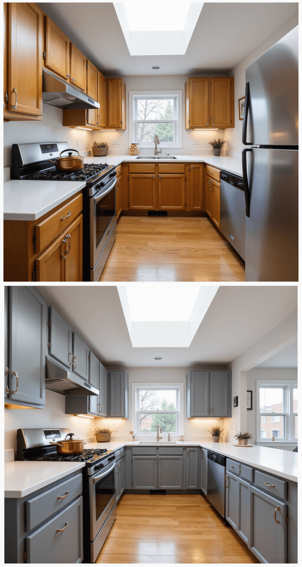 Before and after kitchen transformation showcasing dated oak cabinets on the left and a modern overhaul with sleek gray cabinets on the right, featuring natural light from a skylight and under-cabinet LED lighting, styled with copper cookware and minimalist decor.