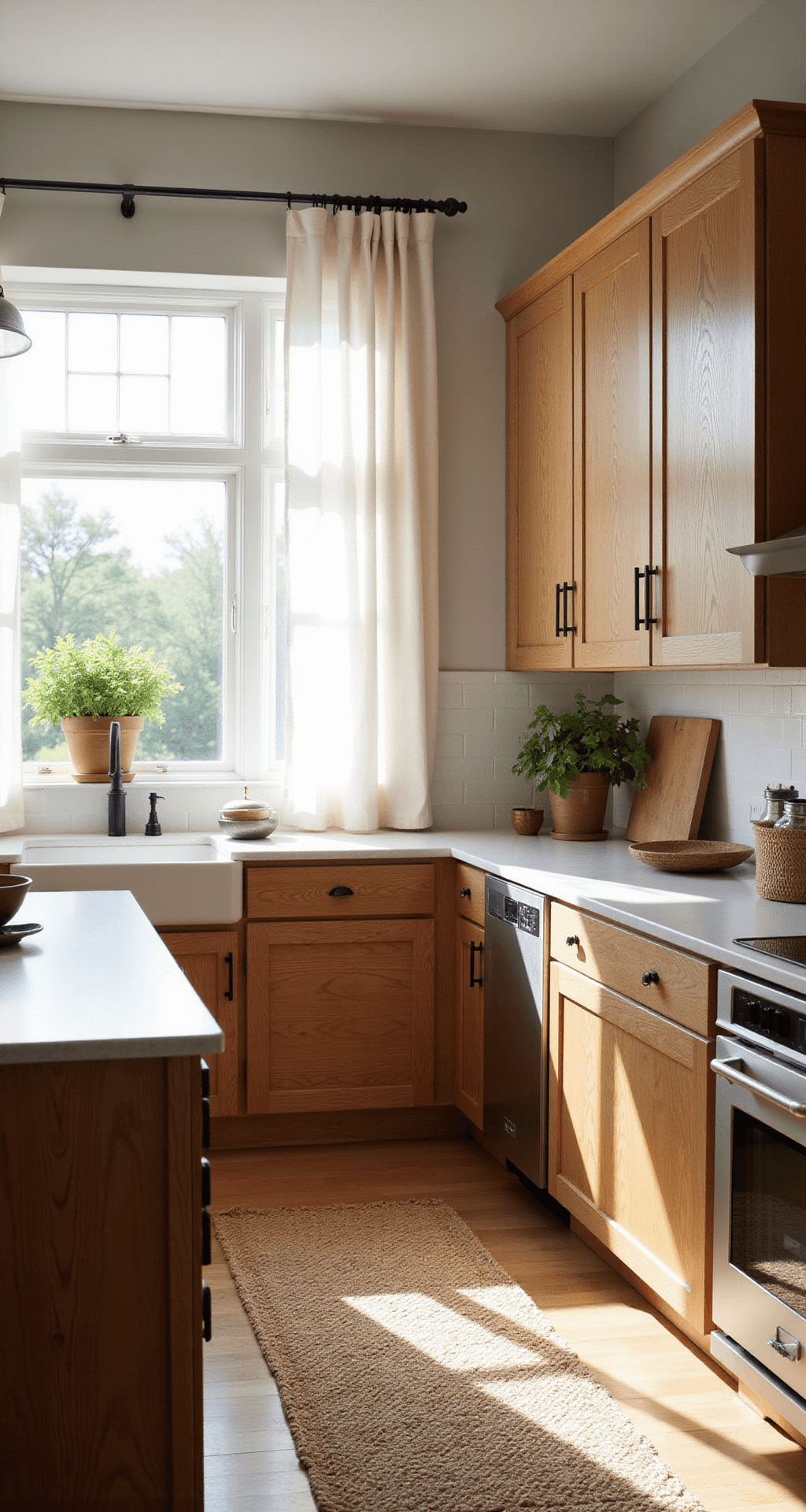 A sunlit modern farmhouse kitchen with honey-toned oak cabinets, a large window draped in sheer linen curtains, a center island with matte black hardware and white quartz countertop, and decor featuring artisanal ceramic bowls, fresh herbs in copper planters, and a vintage bread board. A natural jute runner adds warmth to the space.