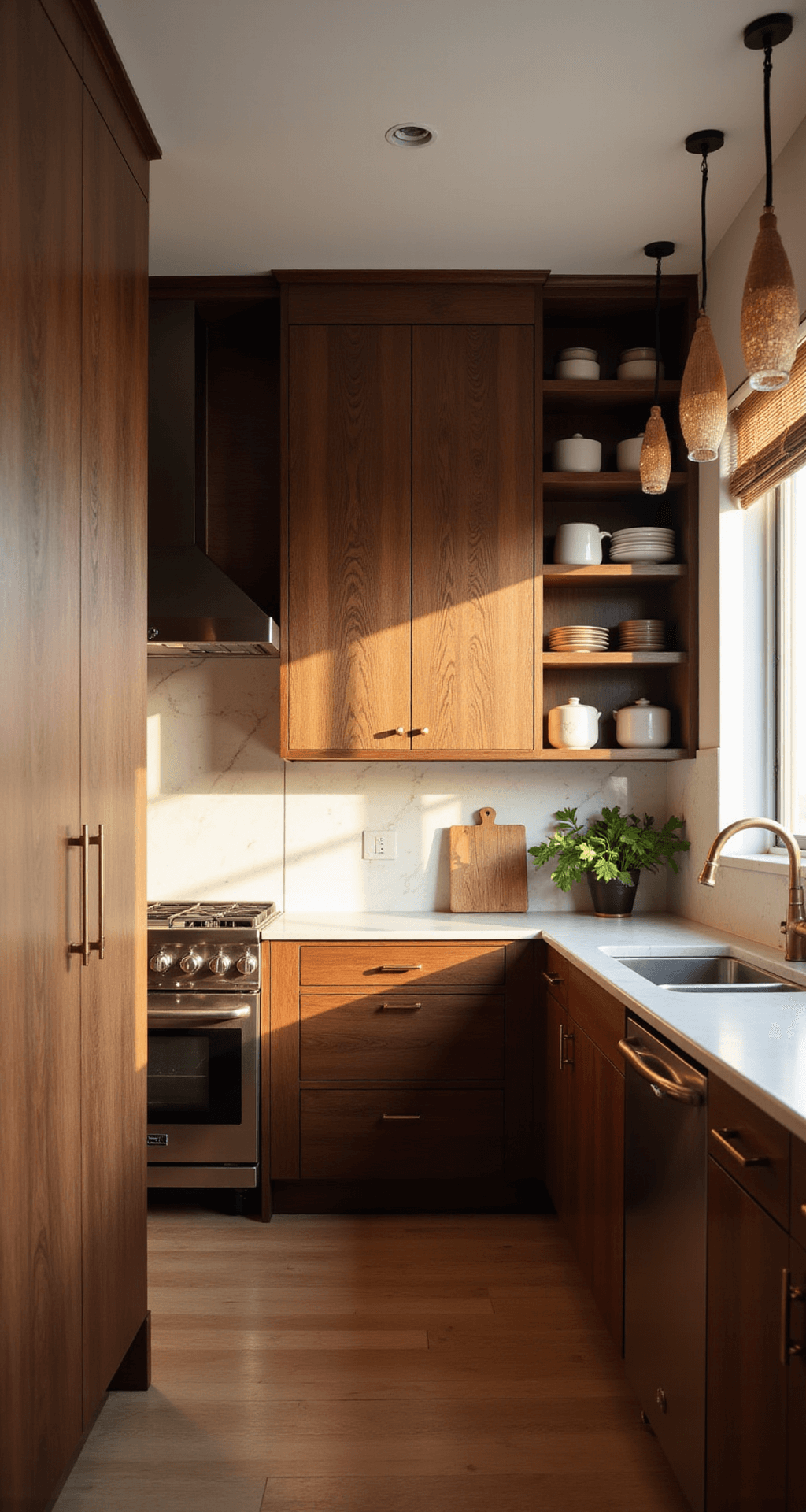 Intimate galley kitchen featuring floor-to-ceiling walnut cabinets, brass hardware, and cream marble backsplash, illuminated by warm golden hour light. Open shelving showcases matte white ceramics and glass canisters, with pendant lights highlighting the cabinets. The shot emphasizes vertical lines and cabinet height, balancing natural window light with controlled artificial fill light.