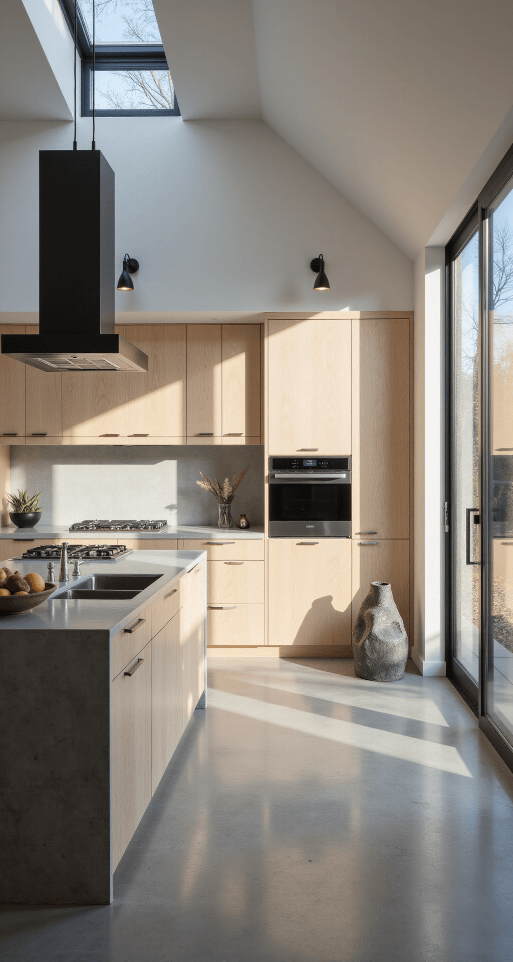 A spacious contemporary kitchen features a cathedral ceiling with clerestory windows, showcasing bleached maple cabinets and a grey concrete waterfall island, illuminated by late afternoon light that casts dramatic shadows. The design includes a sculptural fruit bowl, an architectural cookbook stand, and black metal pendant lights, captured from an elevated position with a wide-angle lens to highlight the room’s geometry.