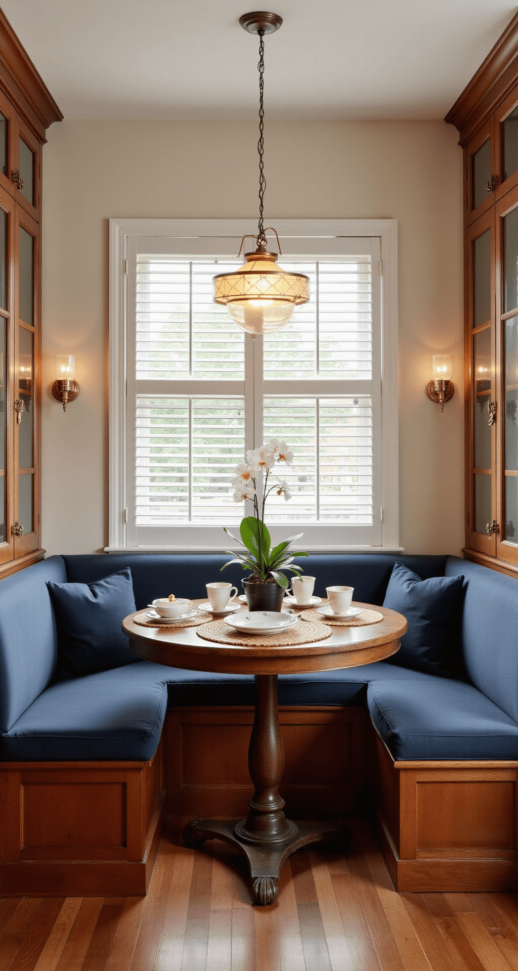 Cozy breakfast nook featuring cherry wood cabinets with glass fronts, a built-in banquette with navy cushions, and vintage decor, all illuminated by filtered midday light through plantation shutters.