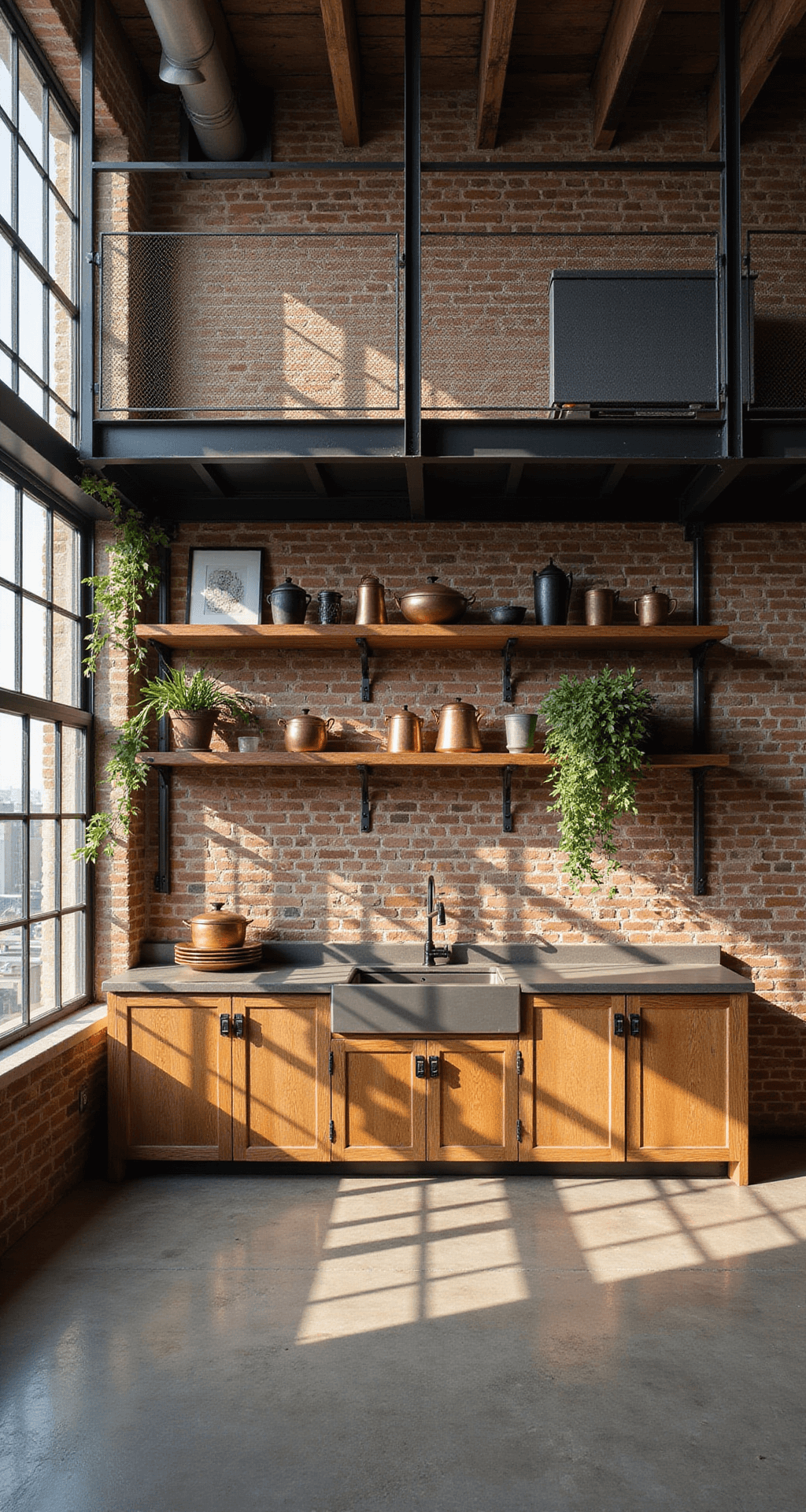 Industrial-modern loft kitchen featuring reclaimed barn wood cabinets and an exposed brick wall, illuminated by afternoon sun streaming through factory windows. The space includes steel open shelving, concrete countertops, copper cookware, dark ceramics, and trailing plants, all captured from an elevated mezzanine perspective to showcase the layout and strategic accent lighting on wooden details.