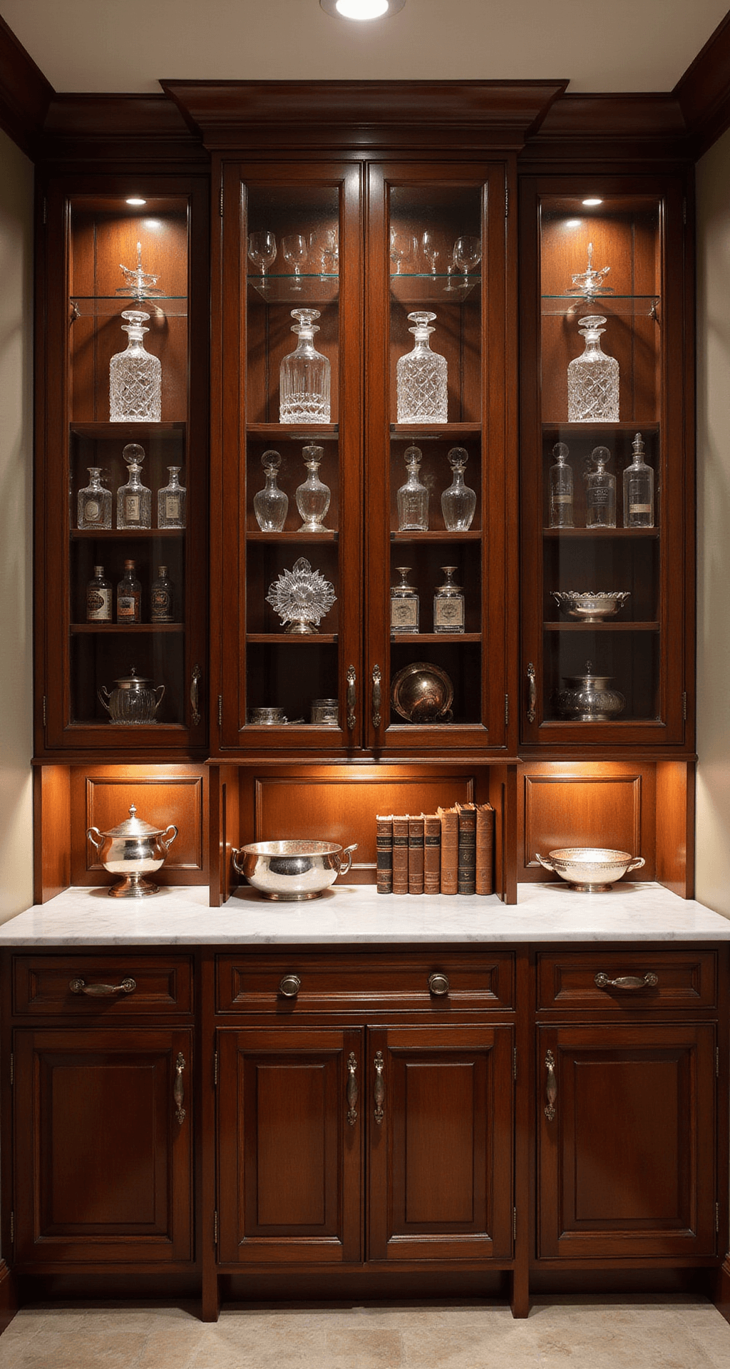 A traditional butler's pantry featuring mahogany cabinets with glass doors, illuminated by antique brass sconces and reflecting warm light off a white marble countertop, styled with silver serving pieces, leather-bound books, and vintage barware.