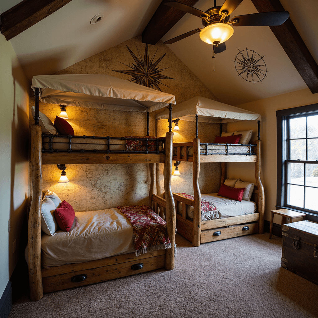 A cozy 14x16ft adventure-themed room featuring custom triple-tier bunks designed like treehouse platforms, with distressed wood and metal railings, canvas canopies, and vintage map wallpaper. The space includes earth-tone bedding with red accents, vintage trunks for storage, and an oversized compass rose on the ceiling, all illuminated by dramatic side lighting.