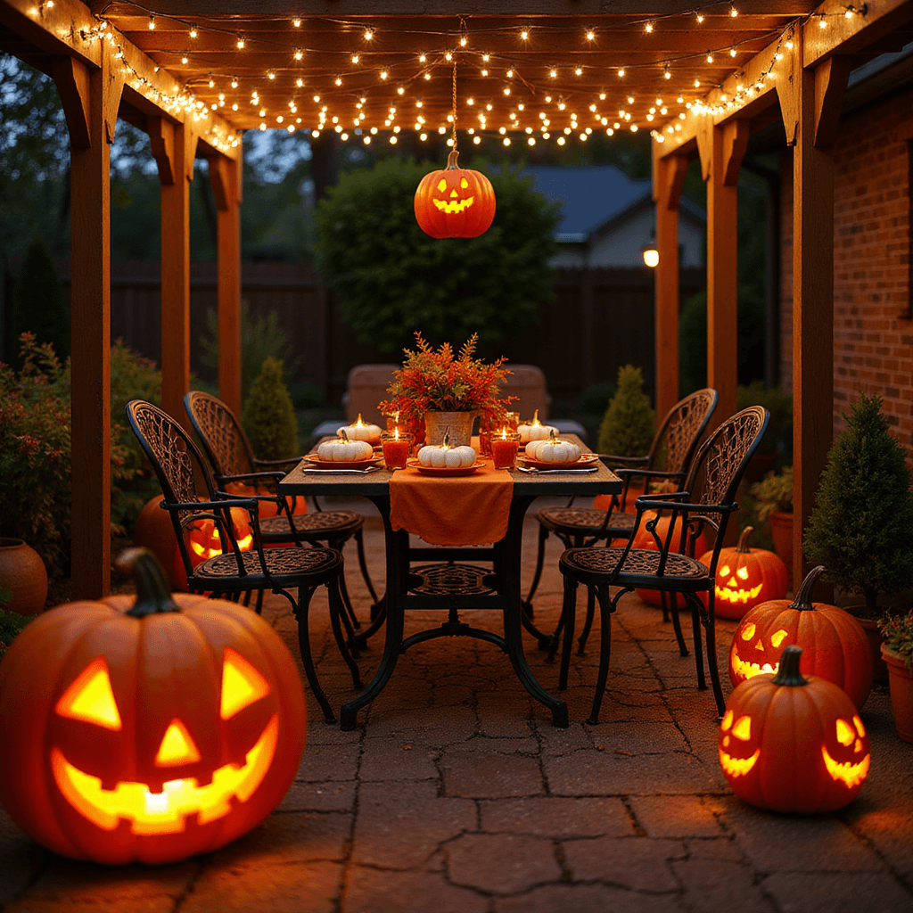 An intimate backyard patio illuminated by pumpkin lanterns and fairy lights, featuring a wrought iron table with a burnt orange runner and mini pumpkins, surrounded by whimsical carved terracotta pots, framed by autumn foliage in deep reds and golds.