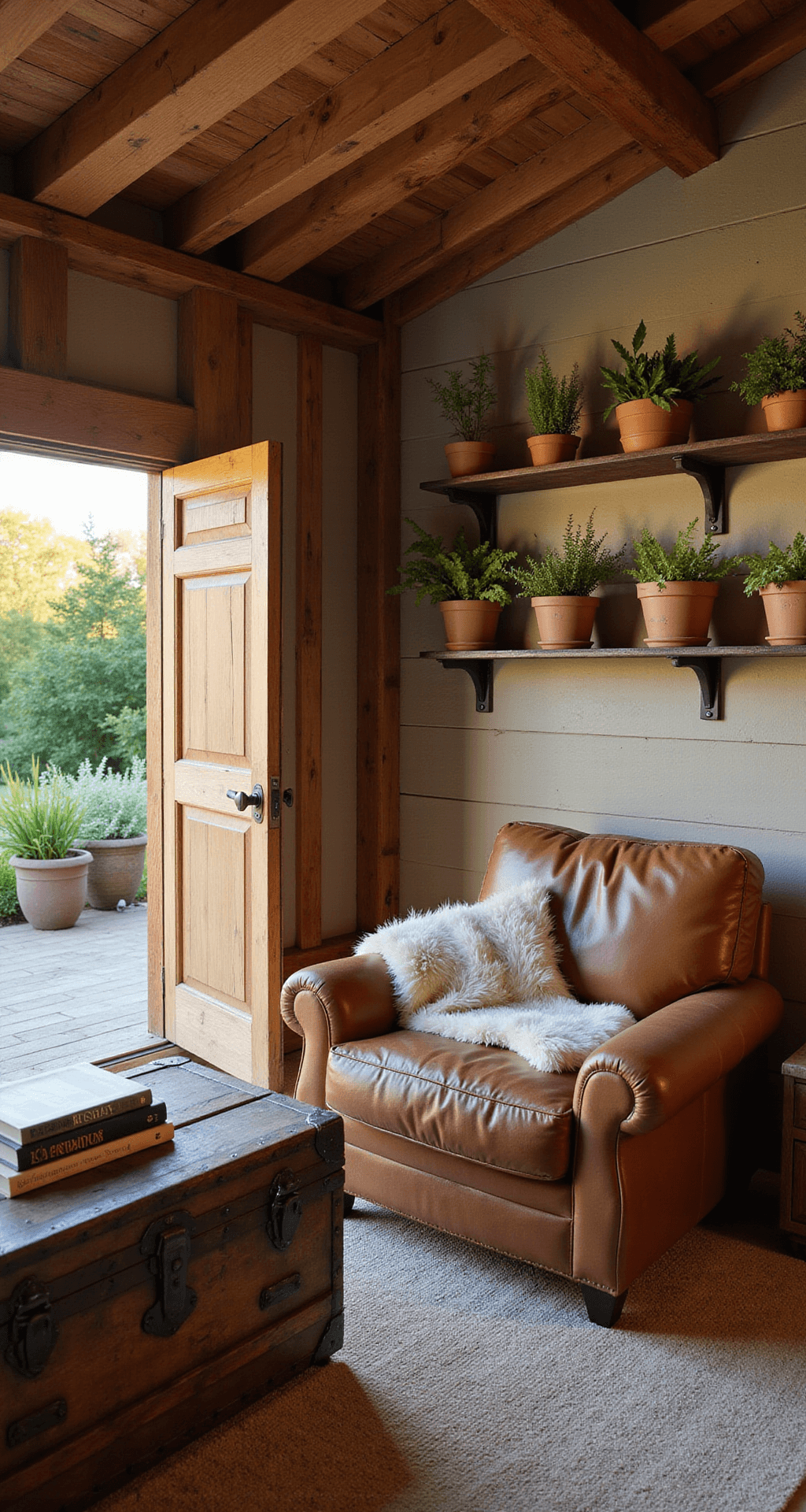 Cozy rustic garden retreat at sunset featuring a timber frame structure with reclaimed barn wood siding, an open Dutch door leading to a cottage garden, and an oversized leather armchair with a sheepskin throw, a vintage trunk as a coffee table, and wall-mounted herb drying racks, all framed by warm browns, terracotta, sage green, and cream colors.