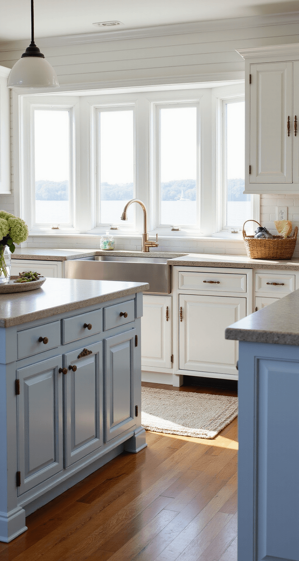 Coastal kitchen with whitewashed oak cabinets and beadboard details, featuring a blue-grey island and driftwood top, illuminated by mid-morning light through a large bay window, decorated with woven baskets, sea glass, and fresh hydrangeas.