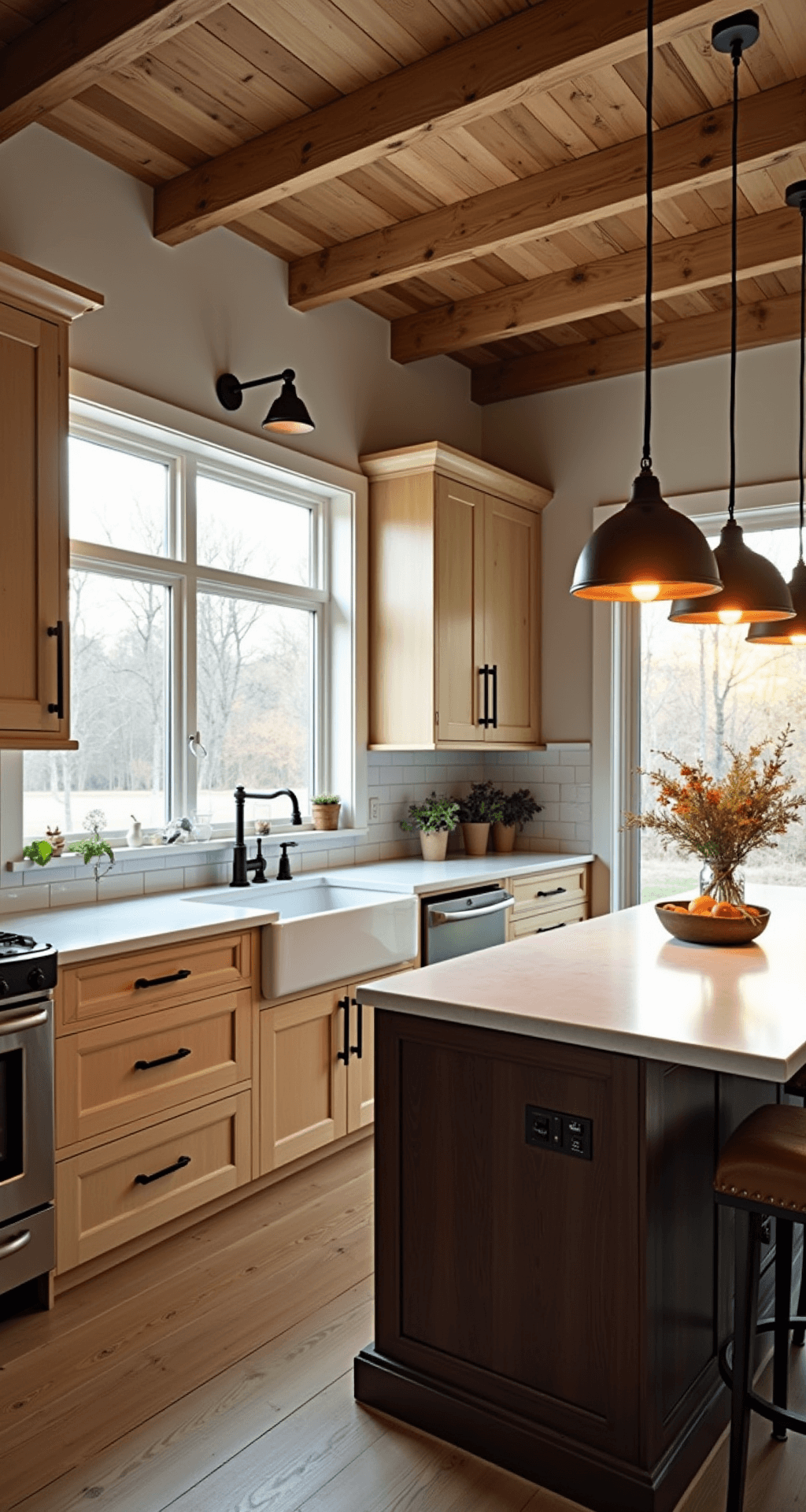 Modern farmhouse kitchen featuring light oak Shaker cabinets, dark walnut island, white quartz countertops, and vintage copper pendant lights, with golden hour sunlight illuminating the space through a large window above the farmhouse sink.