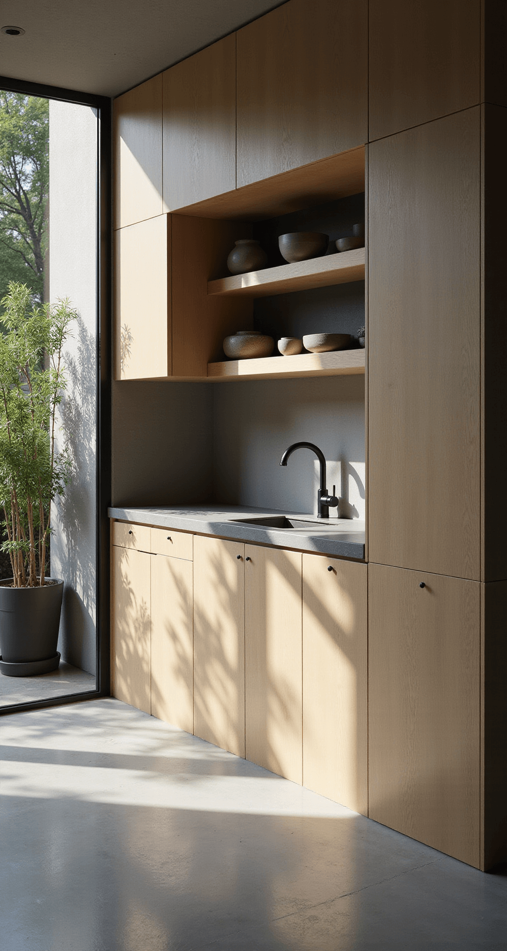 A minimalist zen kitchen featuring smooth maple flat-panel cabinets and waterfall concrete countertops, illuminated by morning light through floor-to-ceiling windows, with bamboo plants in the corner and matte black fixtures, captured from a wide-angle perspective to emphasize clean lines and spatial flow.