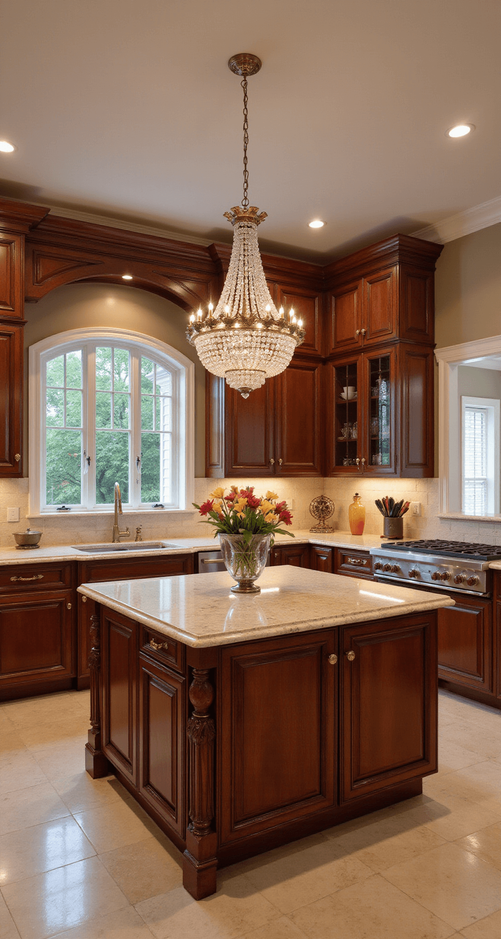 Luxurious traditional kitchen featuring rich cherry wood cabinets, cream marble counters, and an ornate chandelier, illuminated by afternoon light, captured from an elevated view.
