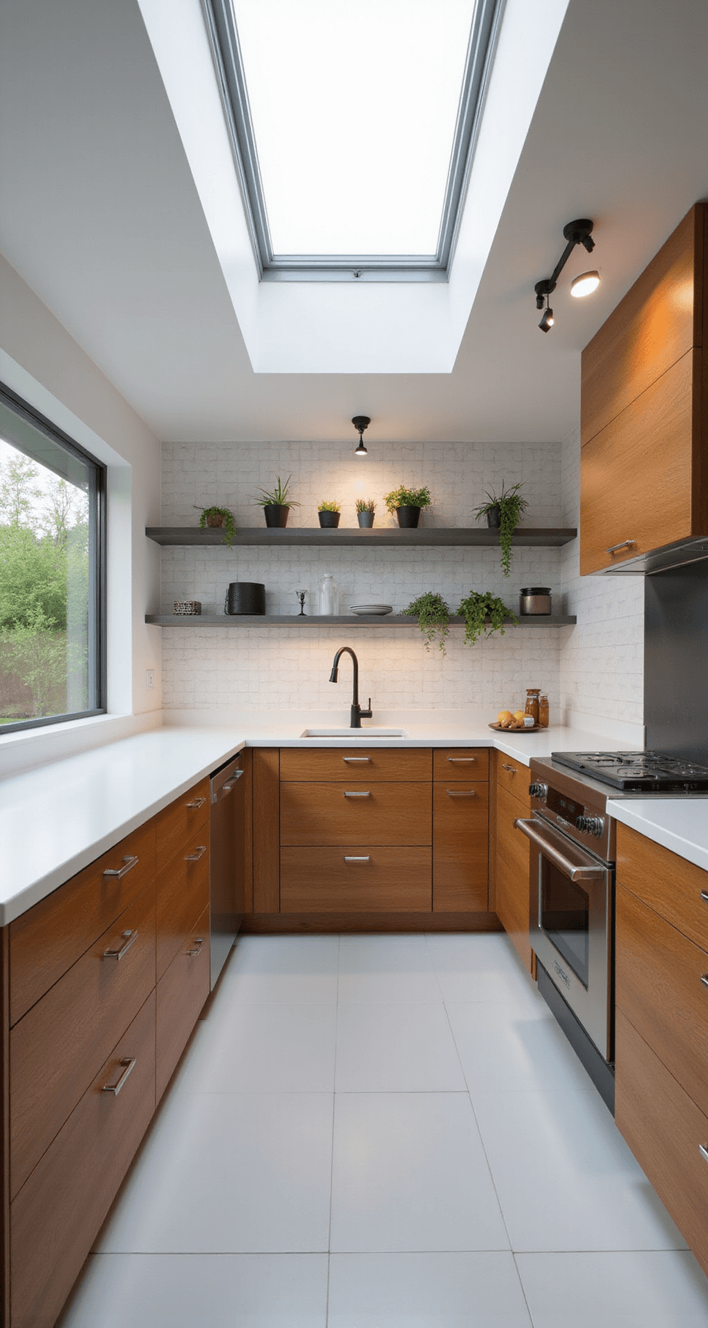 A contemporary kitchen featuring horizontal-grain alder cabinets, white solid surface counters, and a geometric tile backsplash. Natural midday light from a skylight combines with LED strips, casting high contrast shadows. Floating metal shelves hold potted herbs, and linear pendant lighting hangs above. The image is captured from a straight-on perspective with a slight upward angle, highlighting the kitchen's horizontal lines.