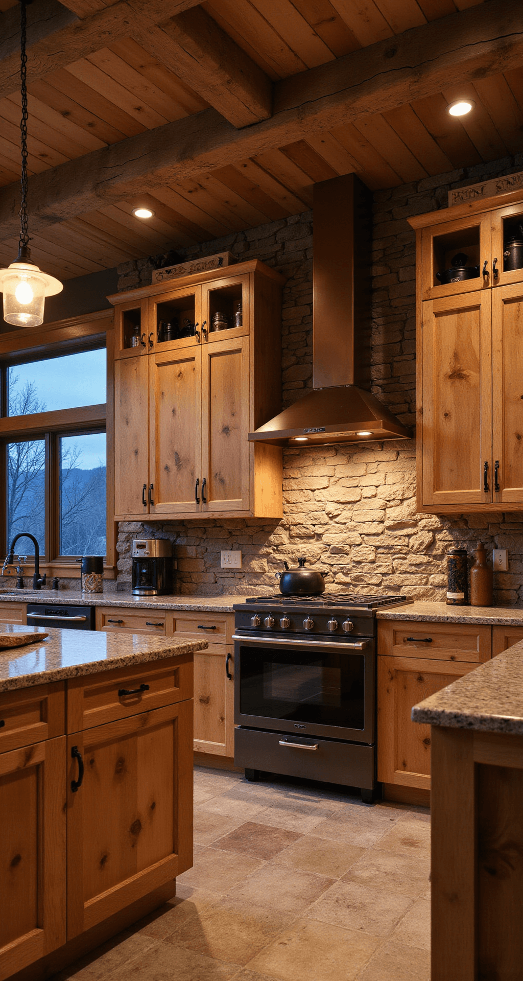 A cozy rustic mountain kitchen featuring a stone accent wall, warm dusk lighting, and knotty birch cabinets with iron hardware. Leather-finish granite counters and a copper hood vent complement reclaimed wood open shelving displaying vintage cookware. The low camera angle highlights the kitchen's height and moody atmosphere with golden undertones.