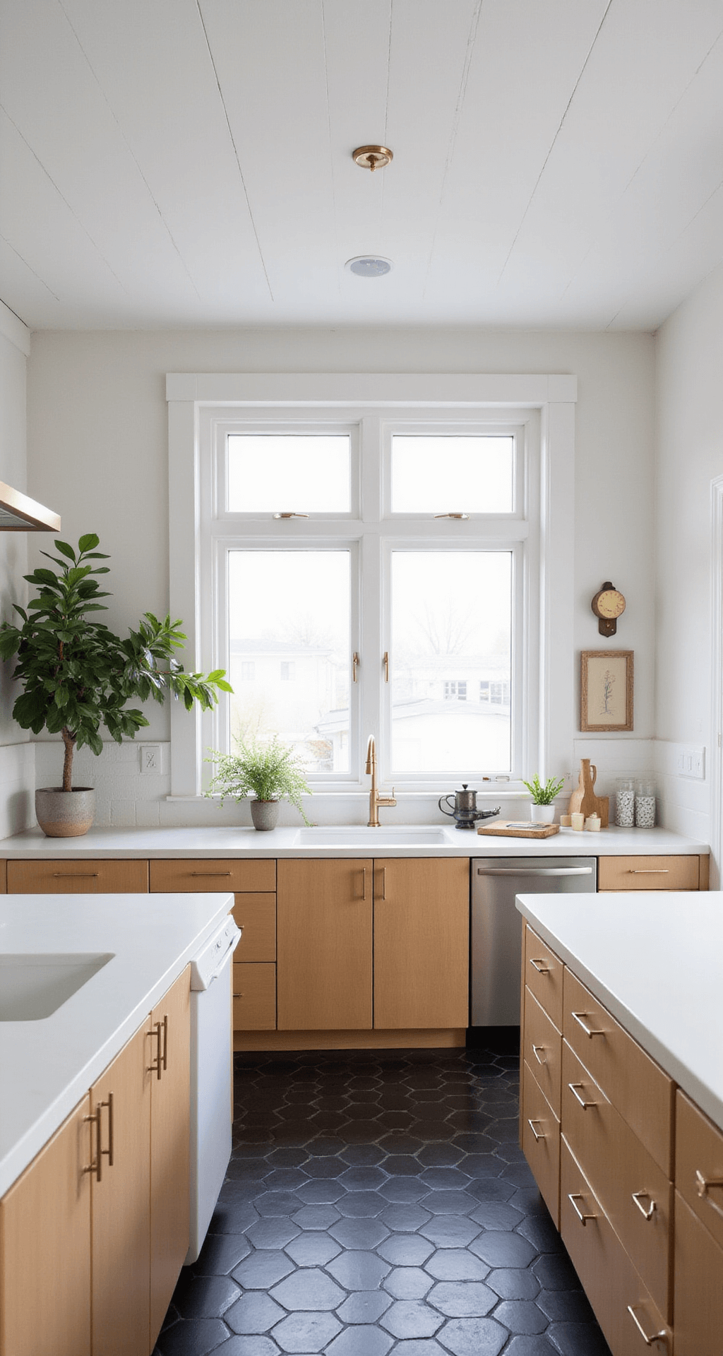 A bright Scandinavian kitchen featuring blonde maple cabinets, white countertops, and black hexagon floor tiles, illuminated by diffused morning light. The space showcases a whitewashed ceiling, minimal decor, and a potted fiddle leaf fig, all accentuated by a linear pendant light in brushed brass, captured in an eye-level front-facing shot that emphasizes symmetry.