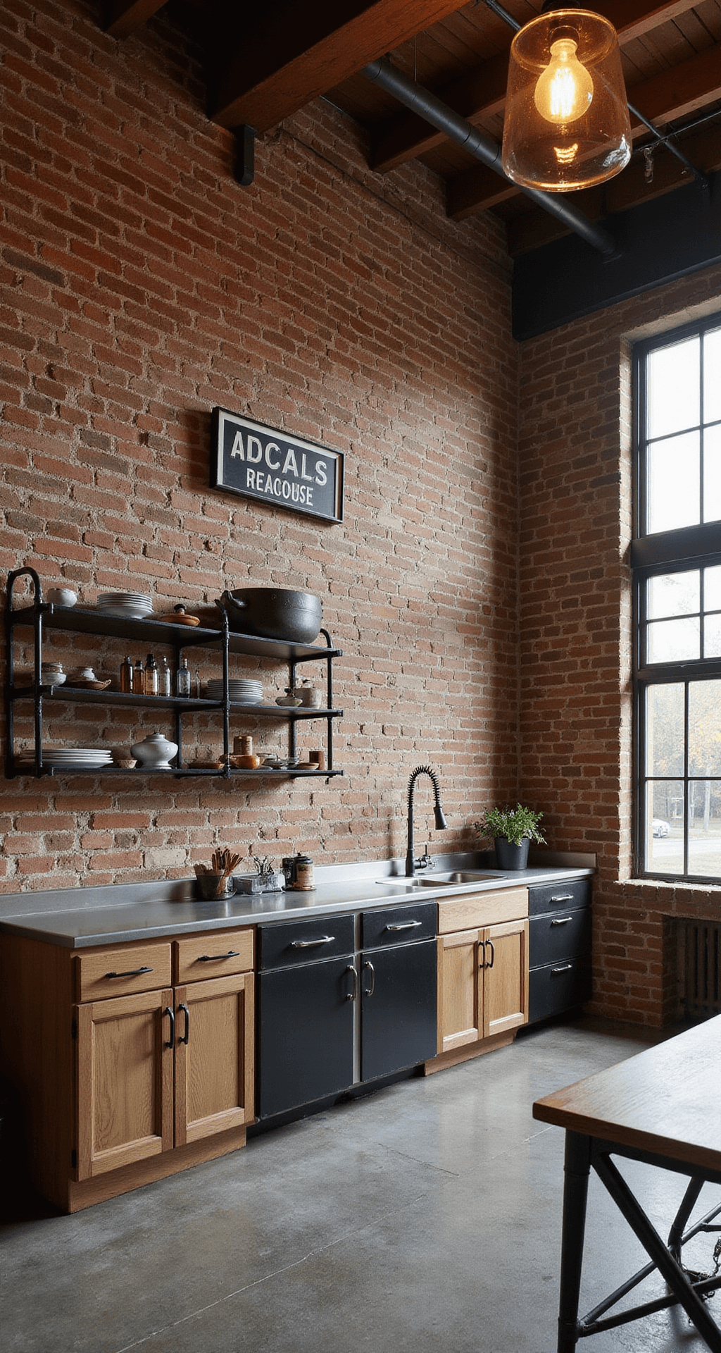 A wide aerial view of an industrial loft kitchen featuring an exposed brick wall, mixed wood cabinetry with weathered oak lowers and black-stained uppers, stainless steel counters, and open metal shelving. The space is illuminated by warm late afternoon sunlight streaming through factory windows, highlighting the high contrast textures and an Edison bulb chandelier. Vintage signage adds artistic flair to the decor.