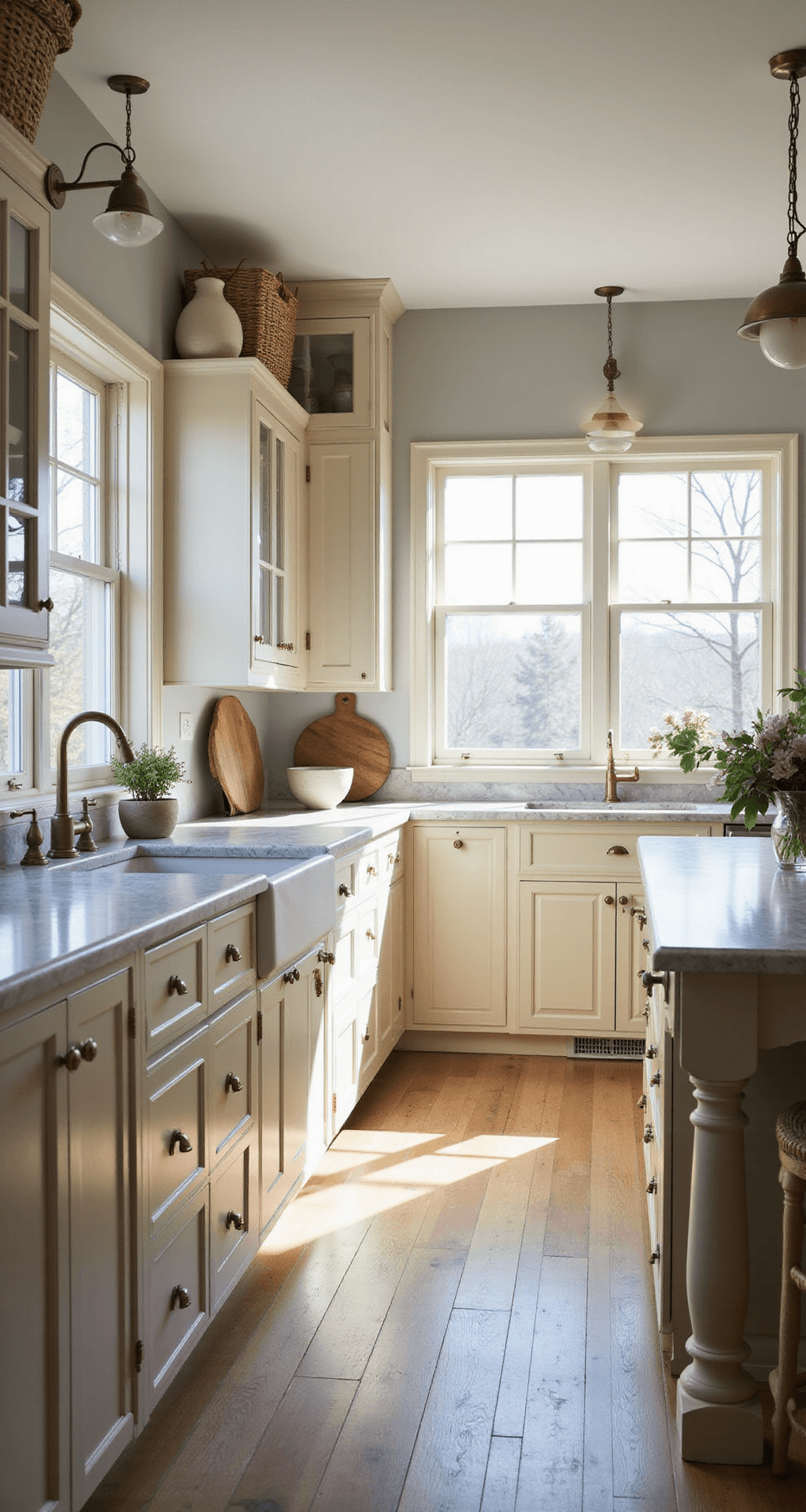 A spacious 12x15ft kitchen bathed in morning sunlight with cream shaker-style cabinets, Calacatta marble countertops, and a large island featuring turned legs. Vintage brass pendant lights hang above, surrounded by natural woven baskets and pale wood cutting boards against soft gray-beige walls. The image captures a warm, inviting atmosphere from the entrance, highlighting the cabinet texture.