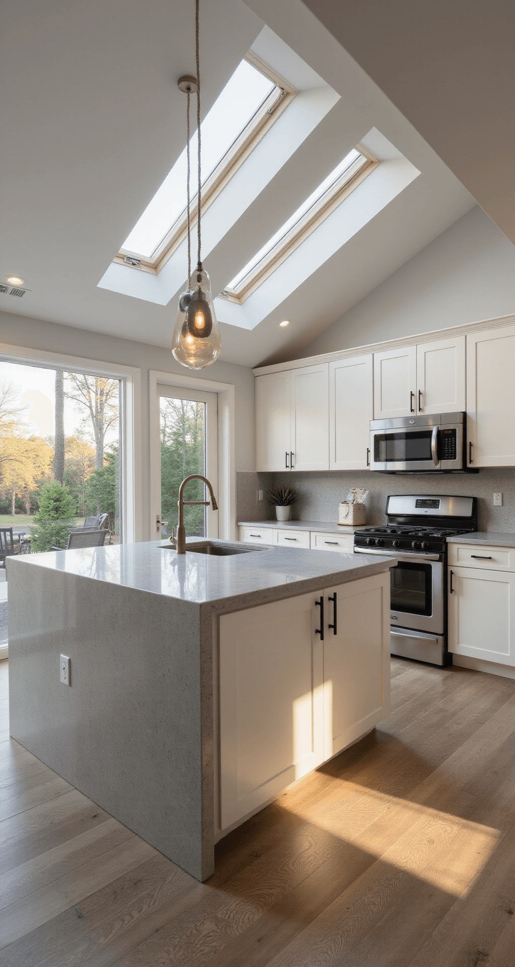 A contemporary L-shaped kitchen measuring 15x18ft, featuring cream flat-panel cabinets, a dove gray waterfall quartz island, and sleek stainless appliances, illuminated by late afternoon light filtering through skylights. Matte black hardware and minimalist globe pendants add modern flair, captured in a wide-angle shot emphasizing clean lines and the spacious design.