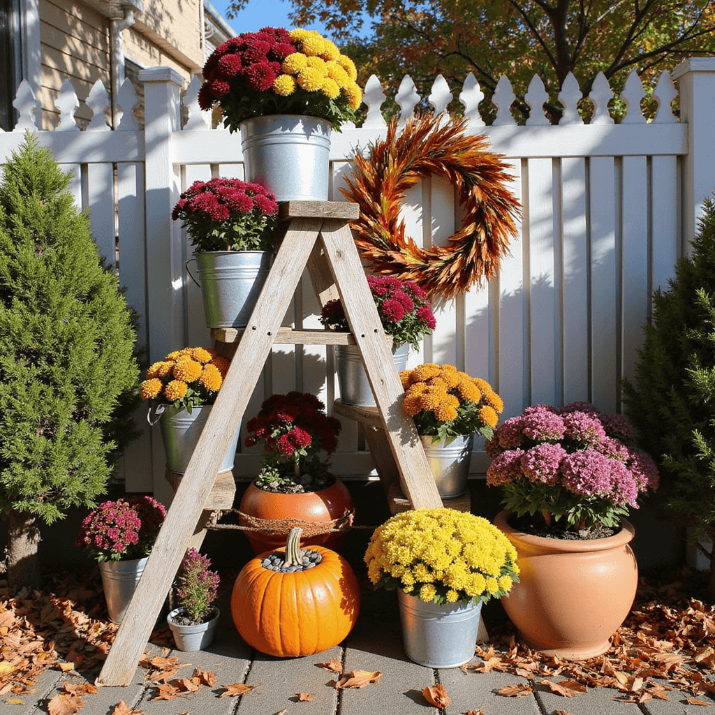 A sunny autumn front yard featuring a weathered wooden ladder with galvanized buckets of jewel-toned chrysanthemums, a 'mumkin' arrangement in a hollowed pumpkin, a double-container setup with polished river rocks, and a white picket fence adorned with an autumn wreath, surrounded by fallen leaves in warm hues.