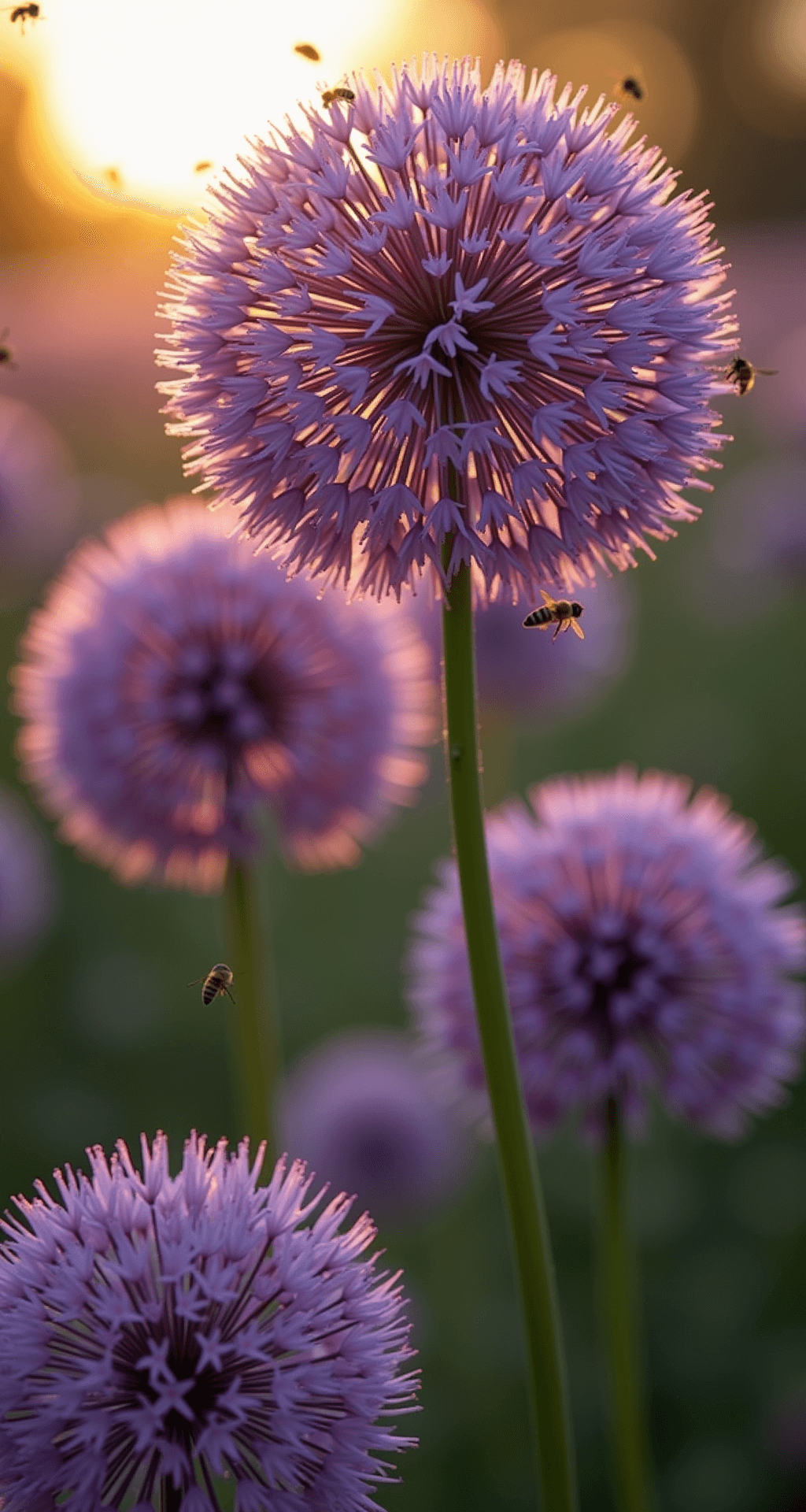Close-up of majestic cluster of Purple Sensation alliums backlit by warm sunlight, showcasing their spherical purple blooms with bees and butterflies hovering nearby, captured with shallow depth of field for a dreamy bokeh effect.