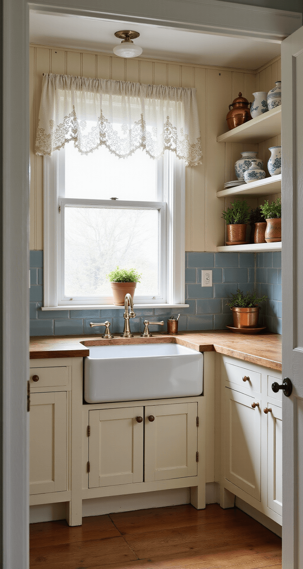 A cozy cottage kitchen featuring cream beadboard cabinets, glass-front upper displays, and warm butcher block counters, illuminated by early morning light filtering through lace cafe curtains. A white ceramic farmhouse sink sits beneath a window, while blue-gray ceramic tile backsplash complements the space. Vintage ironstone and copper cookware line the open shelving, and fresh herbs in terracotta pots add a touch of greenery. The scene is captured from the doorway, emphasizing the intimate atmosphere and natural lighting.