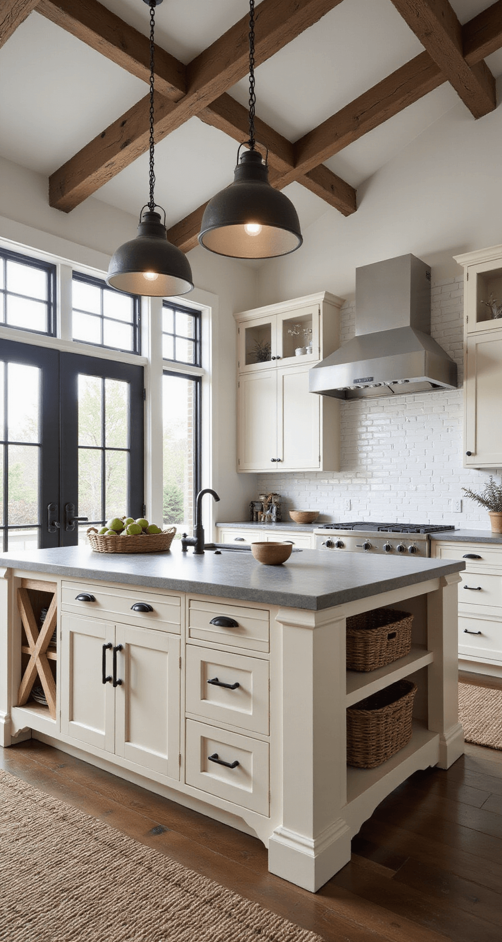 Modern farmhouse kitchen featuring vaulted ceiling with exposed wooden beams, cream shiplap cabinets, soapstone counters, white subway tile backsplash, industrial pendant lights, and woven textures, illuminated by late morning light streaming through black-framed windows.