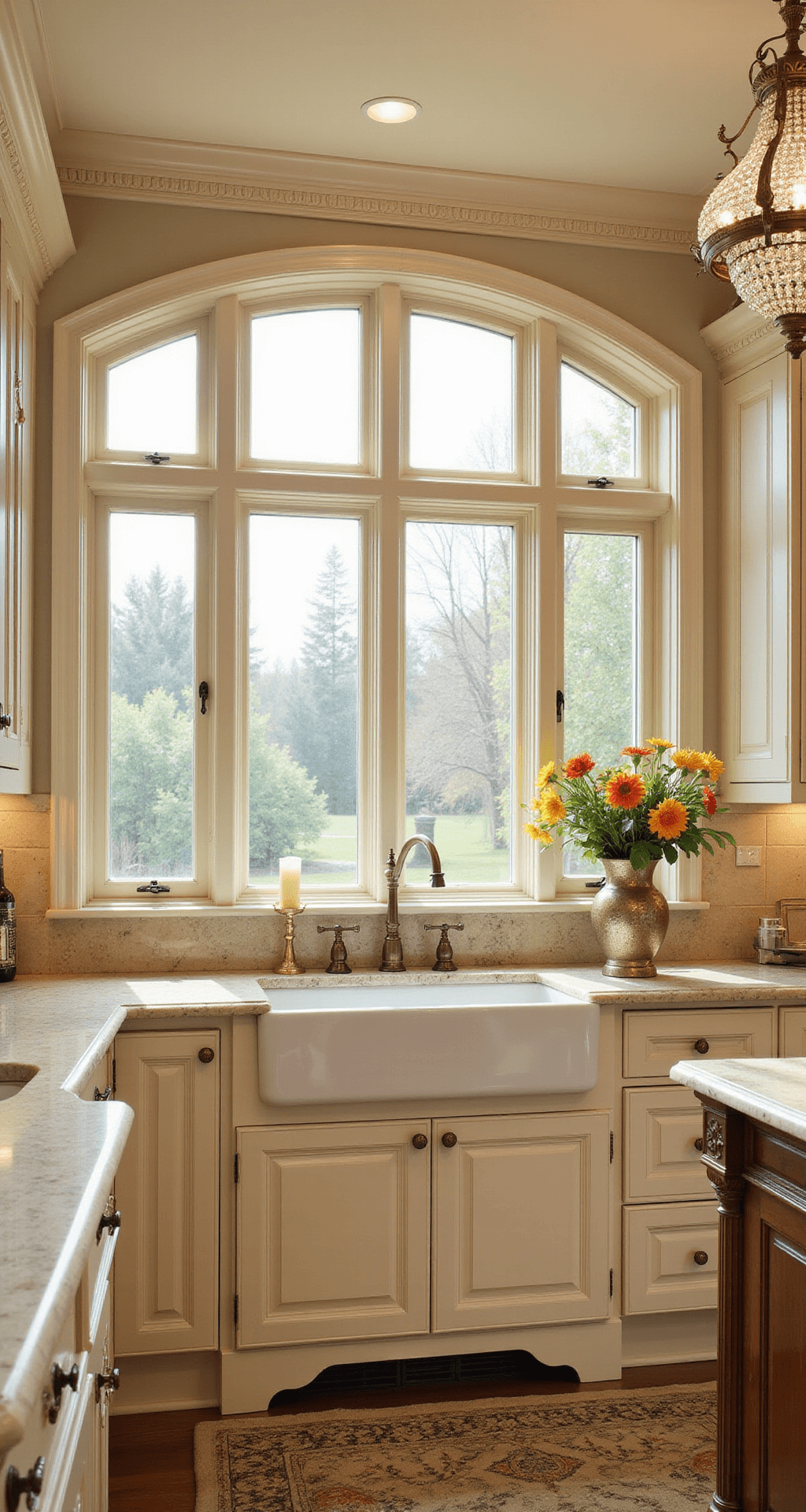 Elegant traditional kitchen featuring cream raised-panel cabinets, arched windows with golden light, antique brass hardware, Crema Marfil marble counters, and a crystal chandelier, all accentuated by soft, diffused lighting and fresh flowers in mercury glass vases.