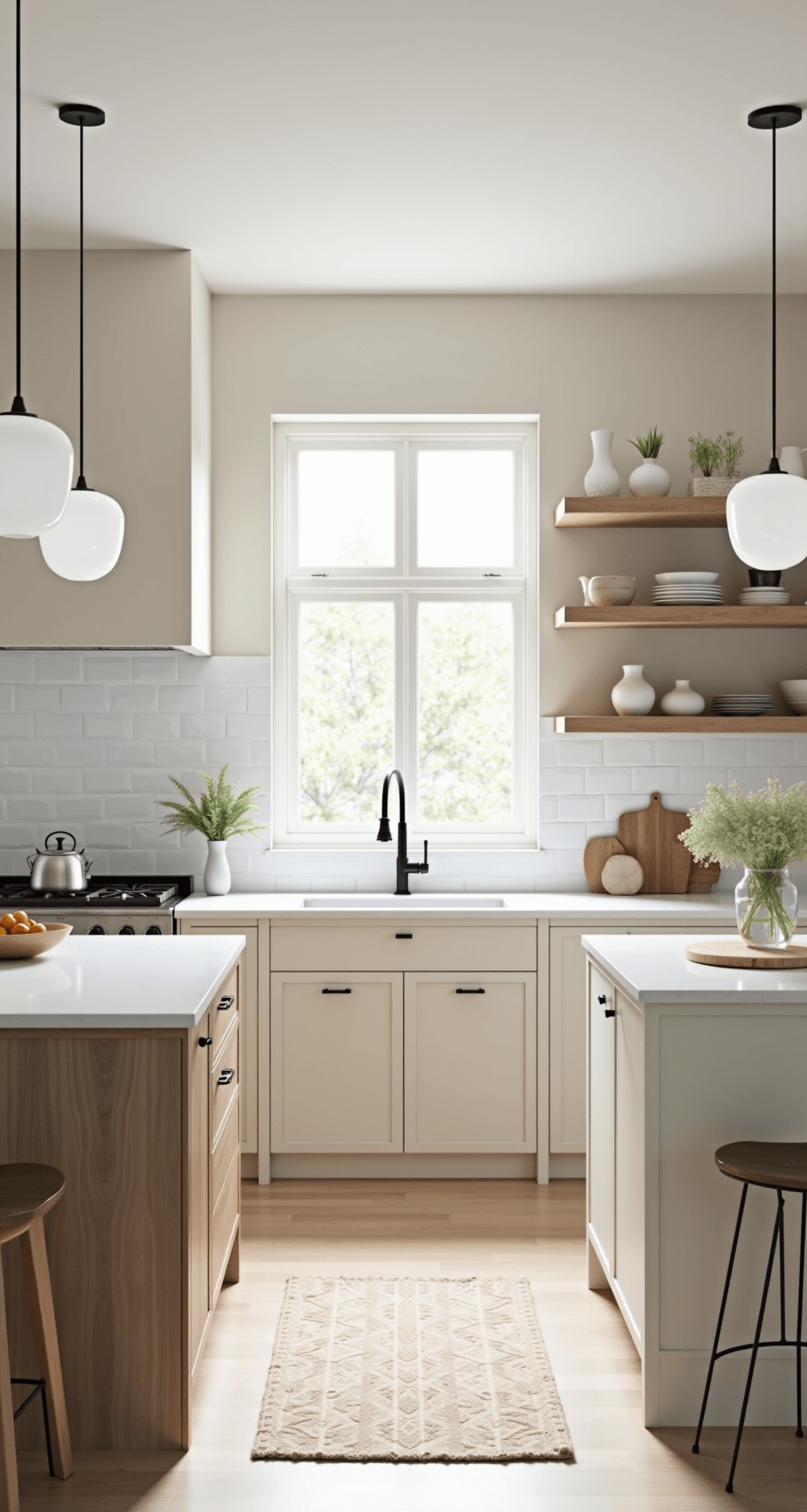 Scandinavian-inspired kitchen with cream slab-front cabinets, pale ash wood open shelving, white quartz counters, and a minimalist window, featuring frosted glass pendant lights and curated neutral-toned pottery.
