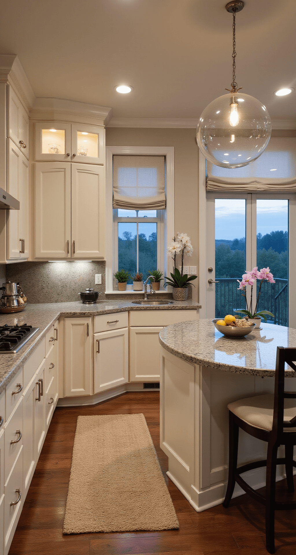 Transitional kitchen featuring cream inset cabinets with polished nickel hardware, gray-veined quartz countertops, and a smoky mirror tile backsplash, illuminated by dusk lighting and a modern glass globe chandelier. The rounded island includes curved seating, while mixed metallic accents and organic touches like potted orchids enhance the ambiance. An angled view highlights the connection to the dining area with dramatic evening lighting and subtle cabinet uplighting.
