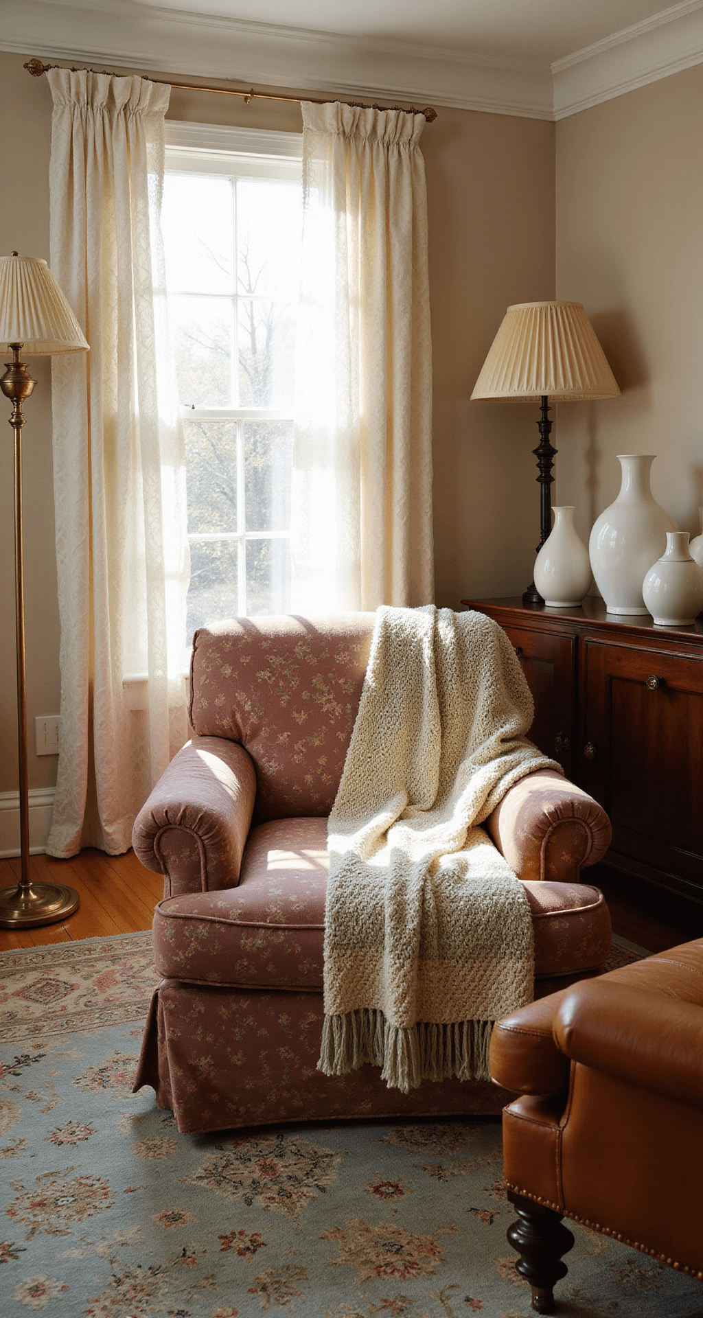 Sunlit living room with plush dusty rose velvet sofa, hand-crocheted afghan, vintage brass floor lamp, weathered leather armchair, muted Persian rug over sisal, lace curtains, and a collection of milk glass vases on a walnut sideboard, captured in warm golden hour light.