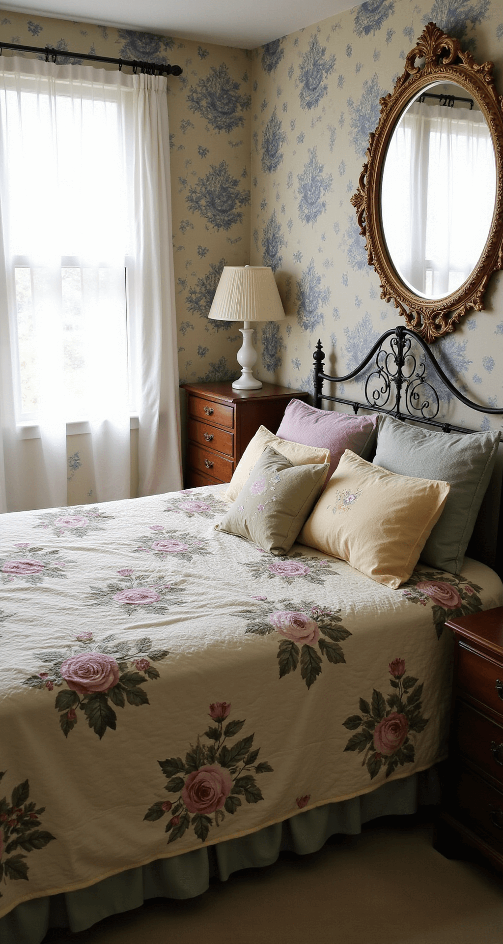 Cozy bedroom featuring a queen bed with an iron headboard and vintage quilted bedspread, adorned with mismatched floral pillows, a Victorian nightstand with a milk glass lamp, and a wallpapered accent wall in blue toile, all illuminated by soft morning light.