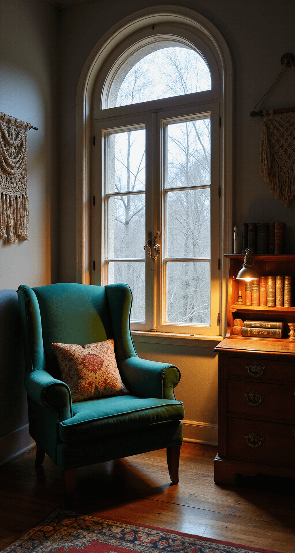 Intimate reading nook featuring an emerald green velvet wingback chair under an arched window with cream lace panels, illuminated by a brass pharmacy lamp. A distressed wooden side table holds vintage hardcover books, and a hand-knotted Turkish runner in jewel tones adorns the floor. An antique secretary desk with a macramé wall hanging is visible, captured from a low angle during blue hour.