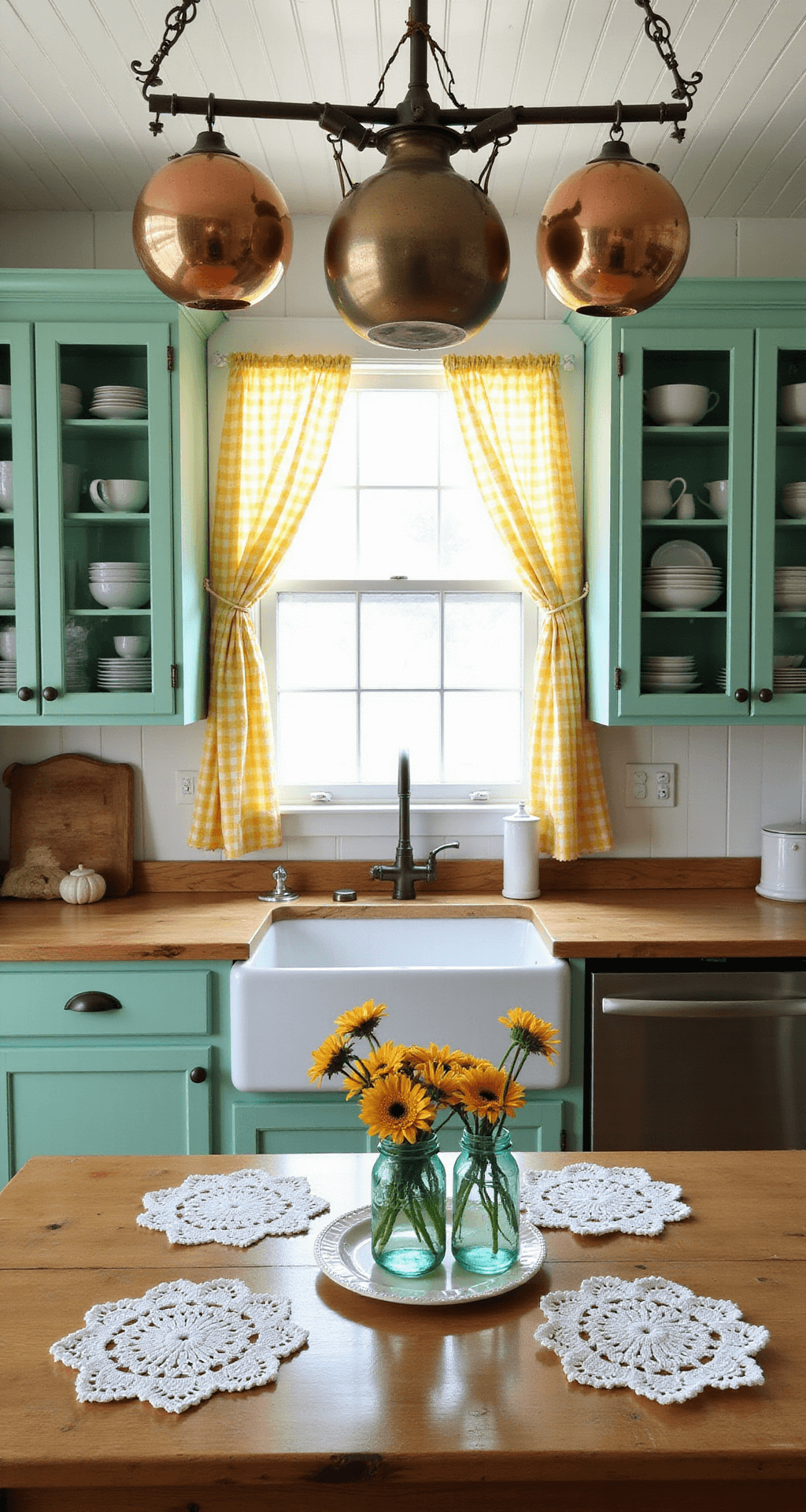 A cozy farmhouse kitchen featuring a vintage mint green Hoosier cabinet filled with jadeite dishware, butter yellow gingham curtains above a porcelain farmhouse sink, a weathered wooden table adorned with crocheted doilies and mason jar flower arrangements, and copper pots hanging from a ceiling rack, all bathed in soft mid-morning natural light.
