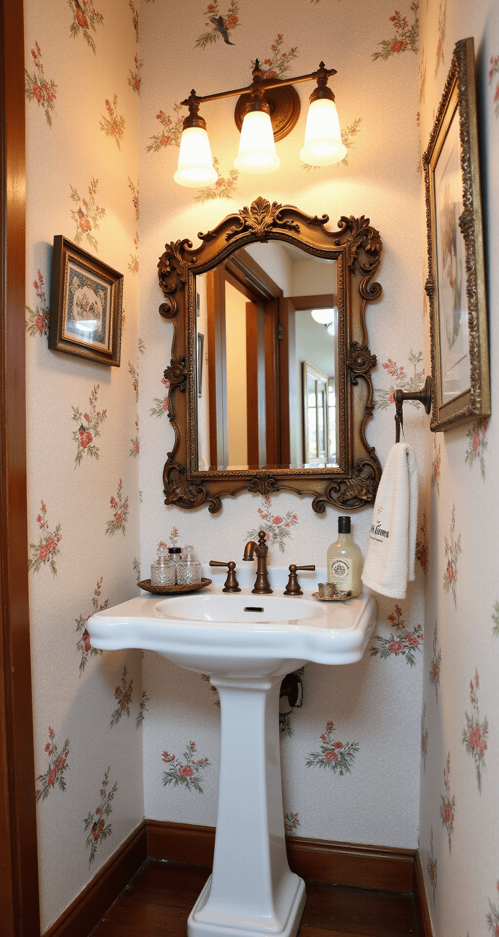 Charming 8x10ft powder room with vintage botanical wallpaper featuring hummingbirds on a blush background, showcasing an antique brass vanity mirror, pedestal sink with cross handles, hand-embroidered linen guest towels, crystal perfume bottles on a gilt tray, and needlepoint artwork in ornate frames, all illuminated in warm evening light.