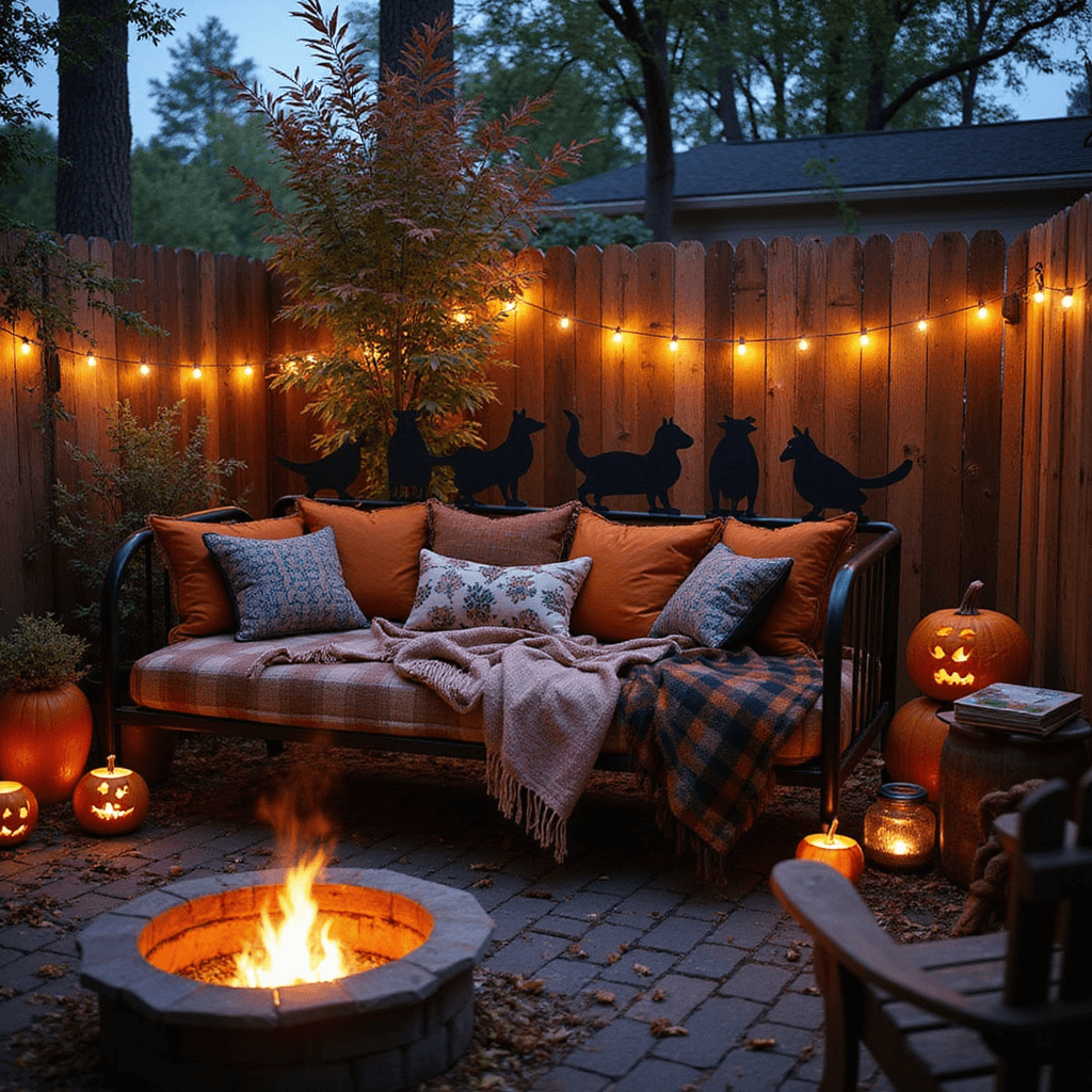 A whimsical twilight backyard nook featuring a vintage metal bed frame as an outdoor daybed, adorned with quilts and pillows in warm earth tones. Black cat silhouettes made from reclaimed wood and fake crows enhance the Halloween ambiance among fall foliage and pumpkins. Mini pumpkins filled with flickering tea lights line a wooden fence, while a crackling fire pit surrounded by Adirondack chairs provides a cozy gathering spot, all illuminated by the blue hour light.