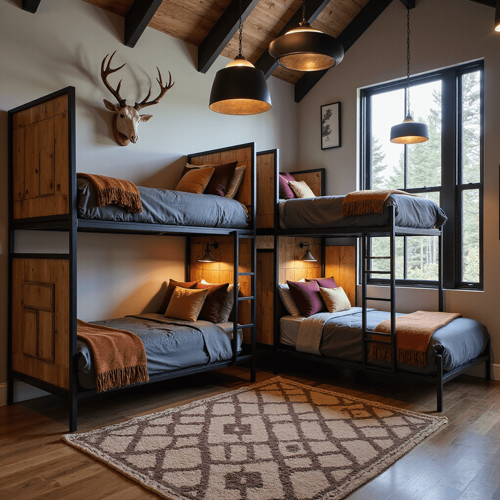 Interior view of a modern mountain lodge bunk room, featuring a 16x20ft cathedral ceiling with floor-to-ceiling windows, built-in black metal frame bunks, warm wood accents, geometric pattern privacy screens, charcoal grey bedding, and oversized black pendant lights, all set against a backdrop of earthy tones and modern mountain artwork.