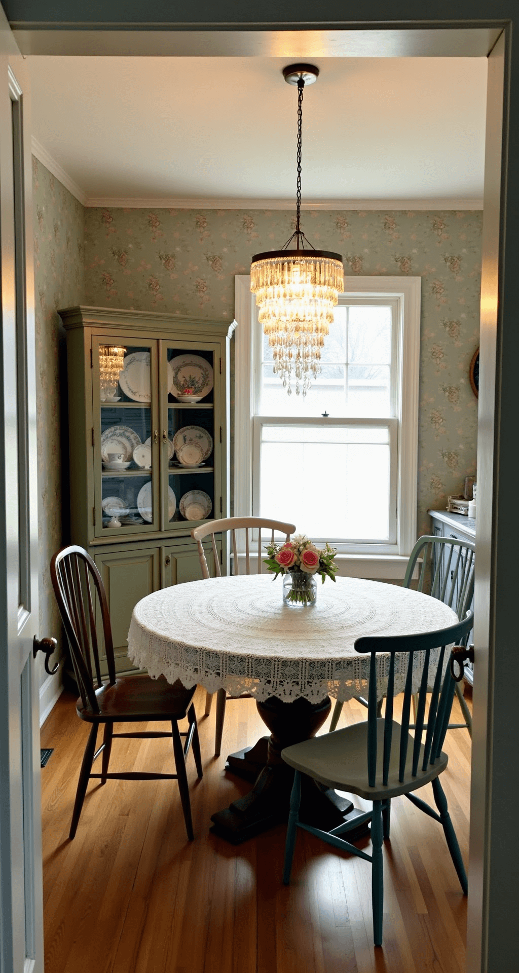 A warmly-lit dining room at dusk featuring a round oak pedestal table with an ecru hand-crocheted tablecloth, surrounded by mix-and-match pastel-painted chairs. A china cabinet showcases a collection of varied transferware plates, while a crystal chandelier hangs above, casting rainbow reflections. The floral wallpaper in muted sage and rose complements the cozy atmosphere, captured from a doorway perspective with a soft glow from the window.