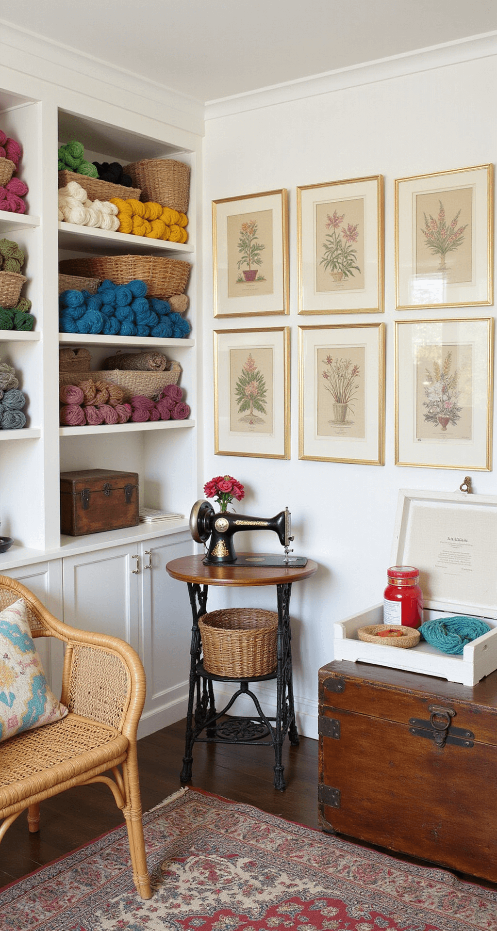 A serene craft room featuring built-in shelves filled with colorful yarn skeins and vintage sewing notions. An antique Singer sewing machine serves as a side table, while a wicker peacock chair with a needlepoint cushion adds charm. The gallery wall displays vintage needlework samplers in gold frames, and a weathered wooden trunk stores quilting supplies, all bathed in natural afternoon light with practical task lighting.