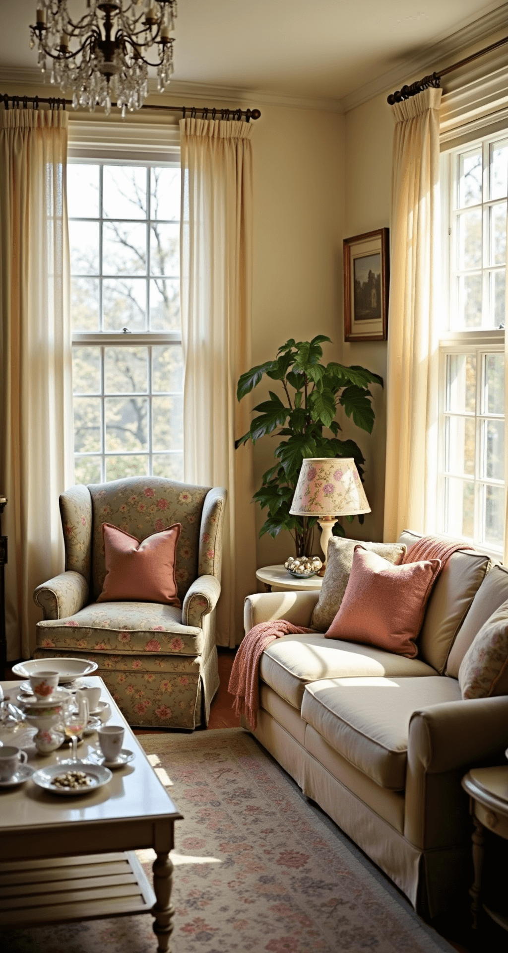 Sun-drenched living room featuring a plush floral wingback chair, a distressed cream coffee table with vintage teacups, layered rugs, and soft lighting through lace curtains, all set against warm ivory walls.