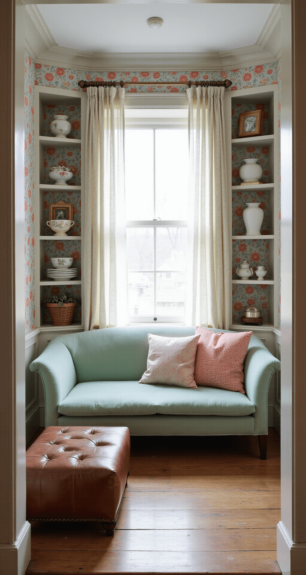 A cozy sitting nook featuring a mint green velvet settee and a weathered leather ottoman, surrounded by vintage porcelain figurines and milk glass vases. Soft morning light filters through gauzy curtains, illuminating chintz wallpaper in pale blue and coral, while brass picture frames reflect warm highlights amidst built-in shelves and original crown molding.