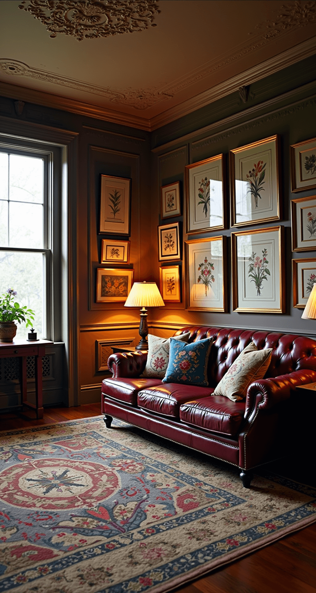 A spacious Victorian-style parlor with ornate ceiling medallions, dusk lighting from antique lamps, a burgundy leather chesterfield sofa adorned with quilts and pillows, and a gallery wall of vintage botanical prints in gold frames, all showcasing rich jewel tones and aged materials.