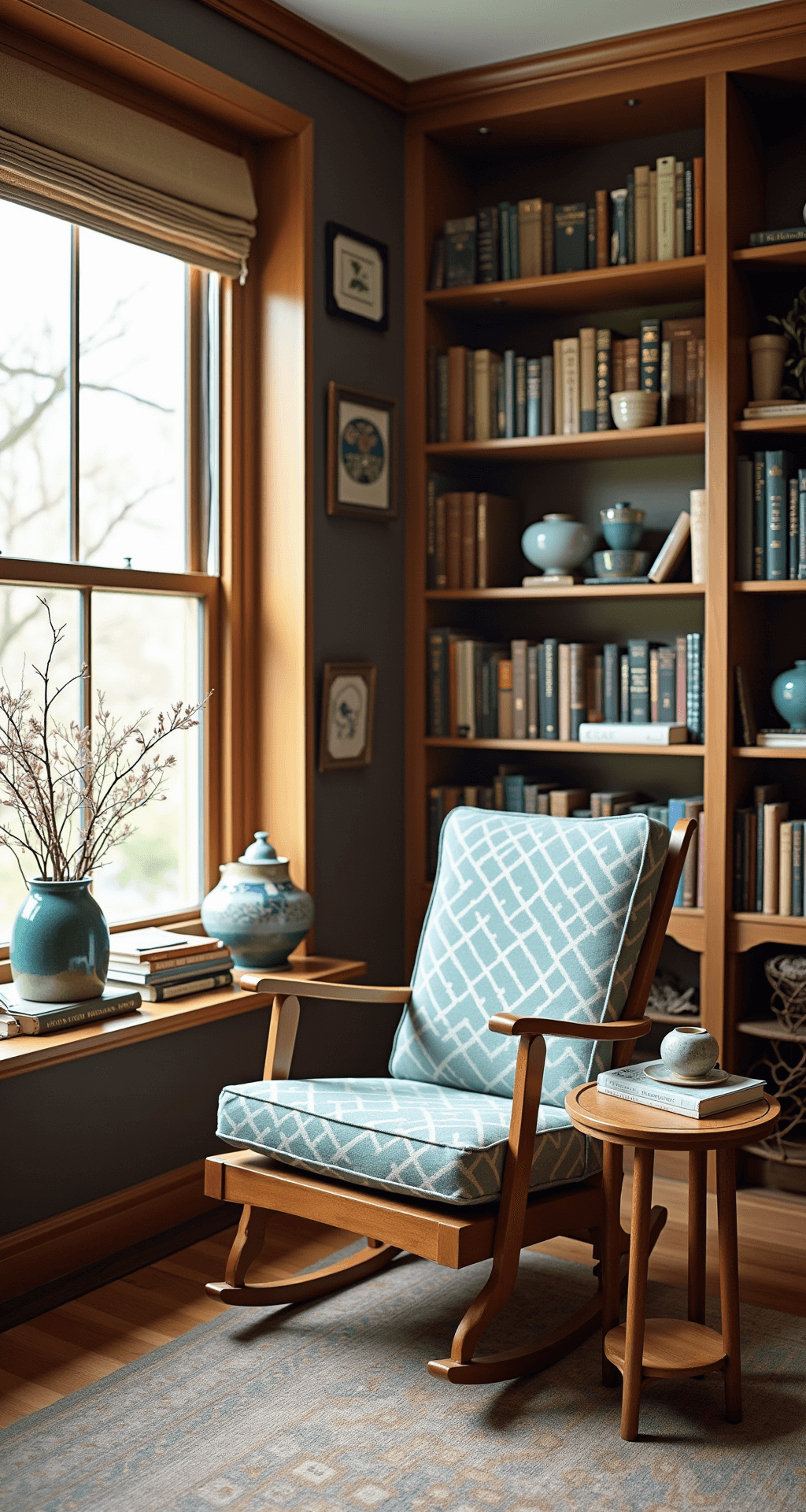 A cozy reading corner with floor-to-ceiling bookshelves, featuring a reupholstered rocking chair, vintage side tables with antique books and pottery, and a handwoven tapestry, all illuminated by soft midday light.