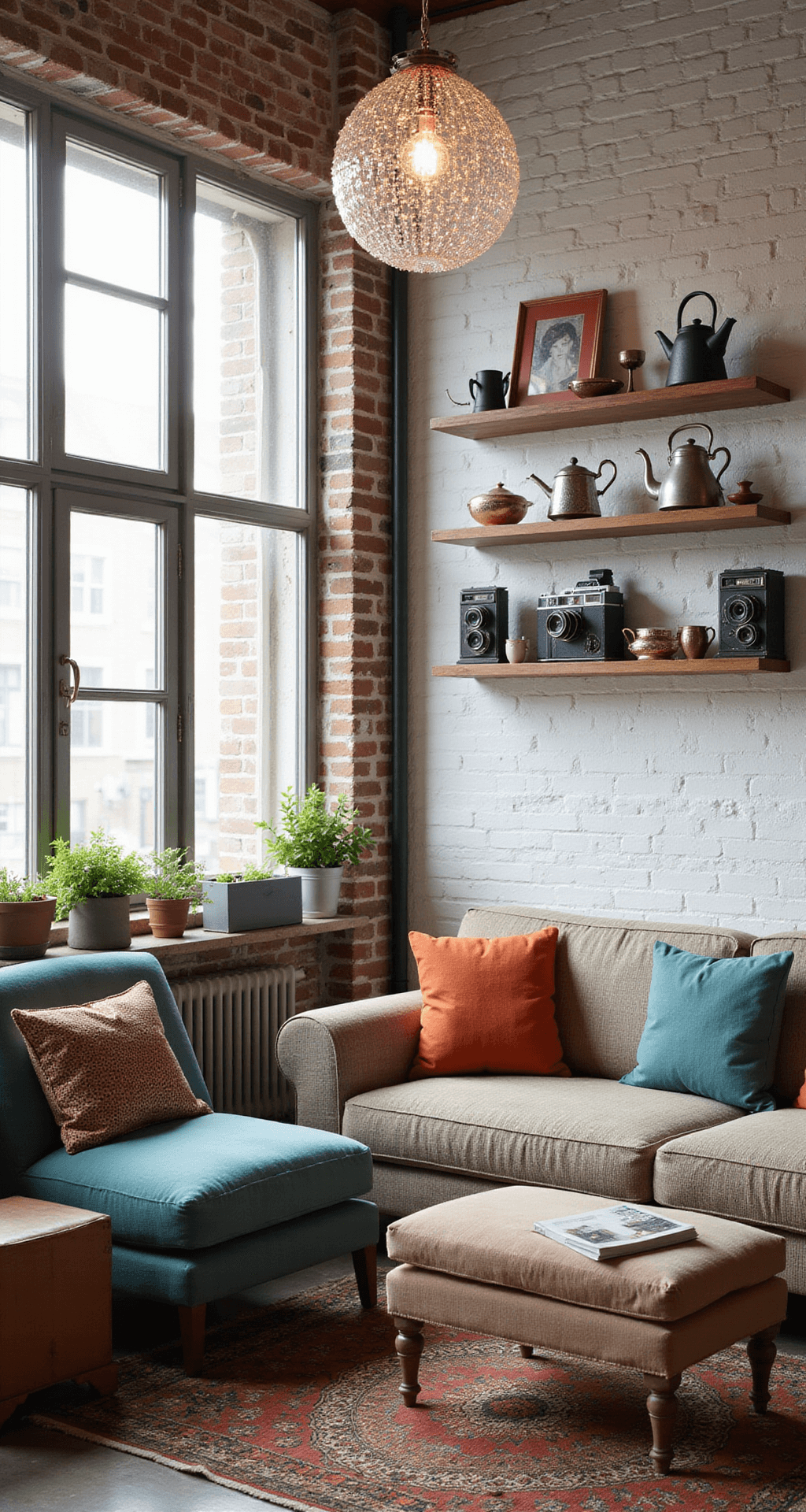 Bright modern-vintage fusion room with an exposed brick wall, flooded with natural light from industrial windows, featuring inherited furniture updated with contemporary fabrics, a crystal chandelier casting light patterns, and collected teapots and vintage cameras on floating shelves, showcasing a blend of textures in a neutral palette with terracotta and teal accents.