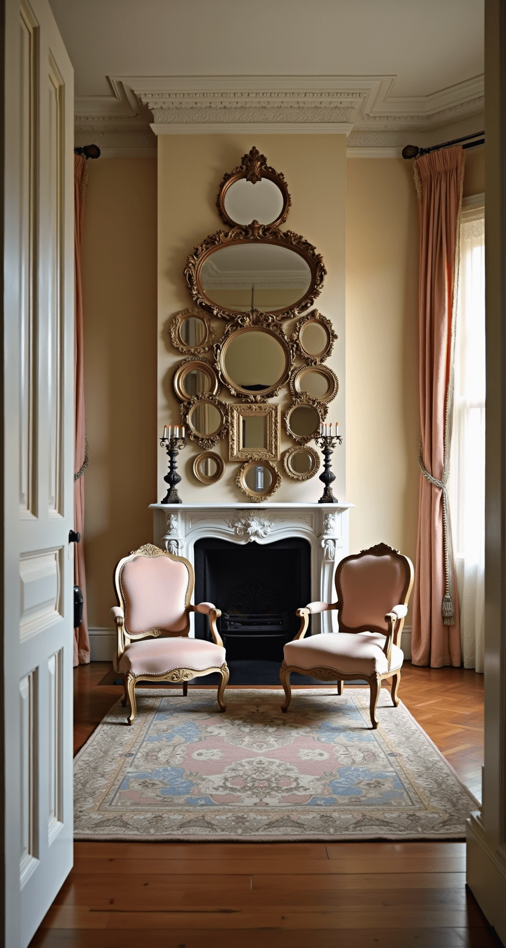 Elegant sitting room with herringbone hardwood floors, vintage lace panels casting shadows, blush velvet Victorian chairs facing an antique marble fireplace, and a glamorous wall of vintage mirrors, layered with soft pastels and jewel tones.