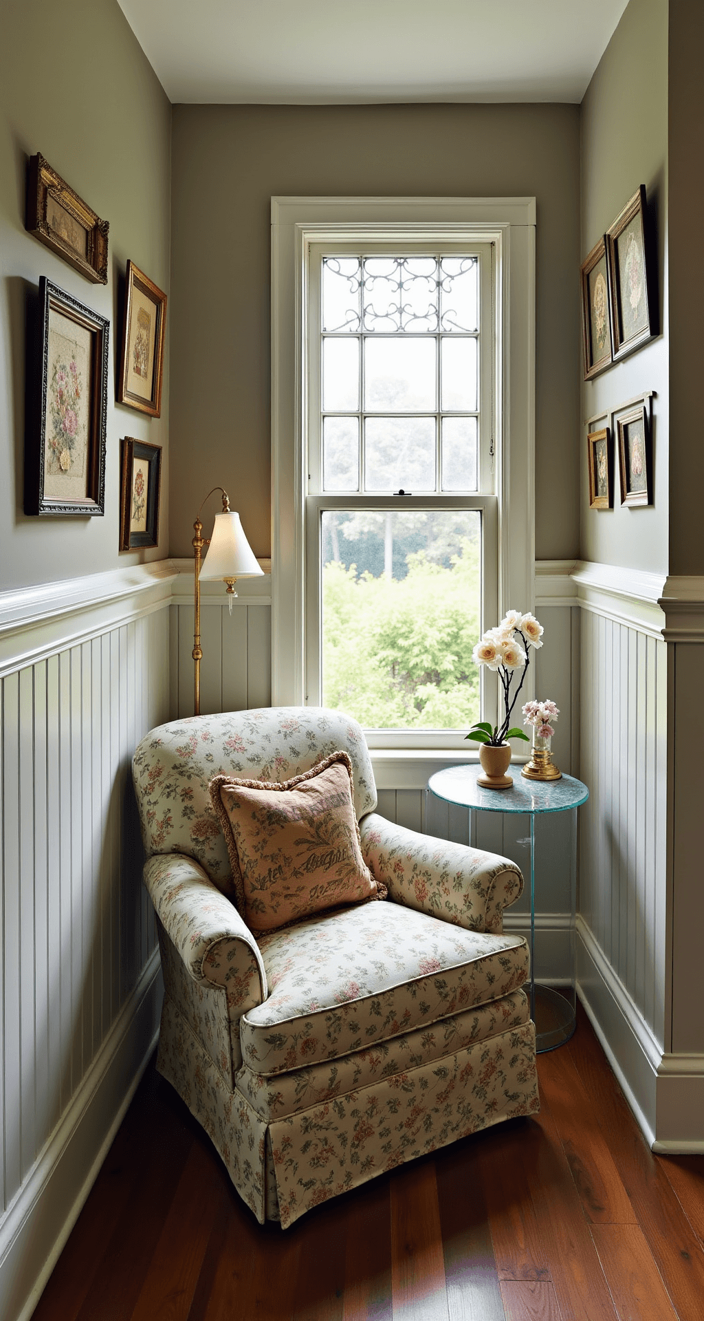 A cozy 15x15ft cottage interior featuring beadboard wainscoting, illuminated by filtered afternoon light through a stained glass window. An overstuffed armchair in classic toile print is paired with a sleek lucite side table, while vintage needlework samplers adorn a gallery wall, showcasing a blend of traditional and contemporary decor with muted florals and modern metallic accents. Shot from a corner perspective.